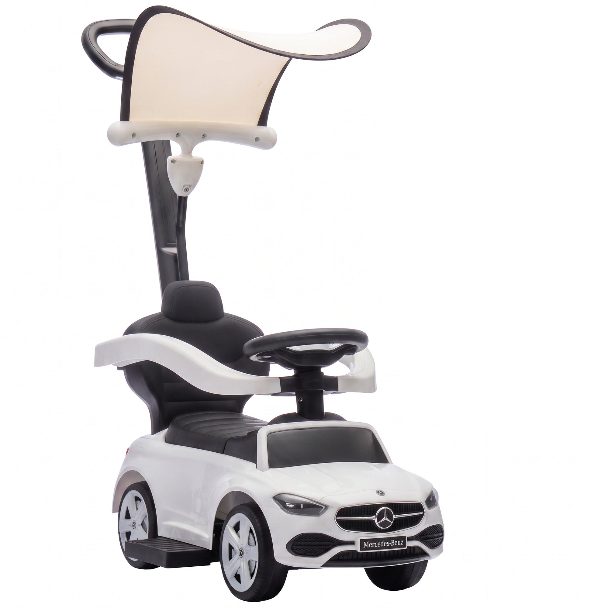 AIYAPLAY 3 in 1 Licensed Benz Ride on Push Car with Handle, Canopy, Guardrails, Horn, Music, Storage for 12-36 Months, White