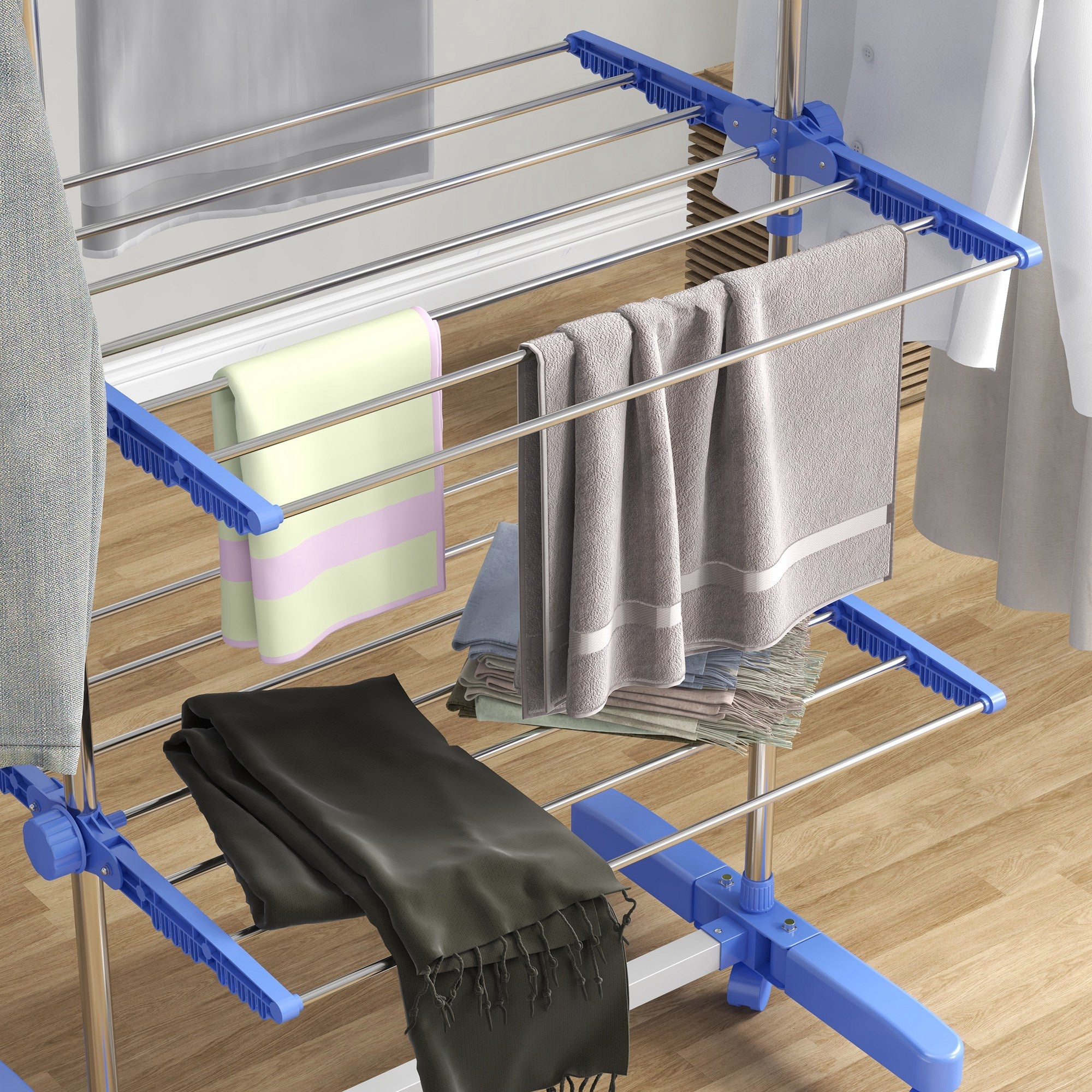 HOMCOM Four-Shelf Collapsing Clothes Horse, With Side Arms and Wheels - Blue - North Peak Garden Furniture
