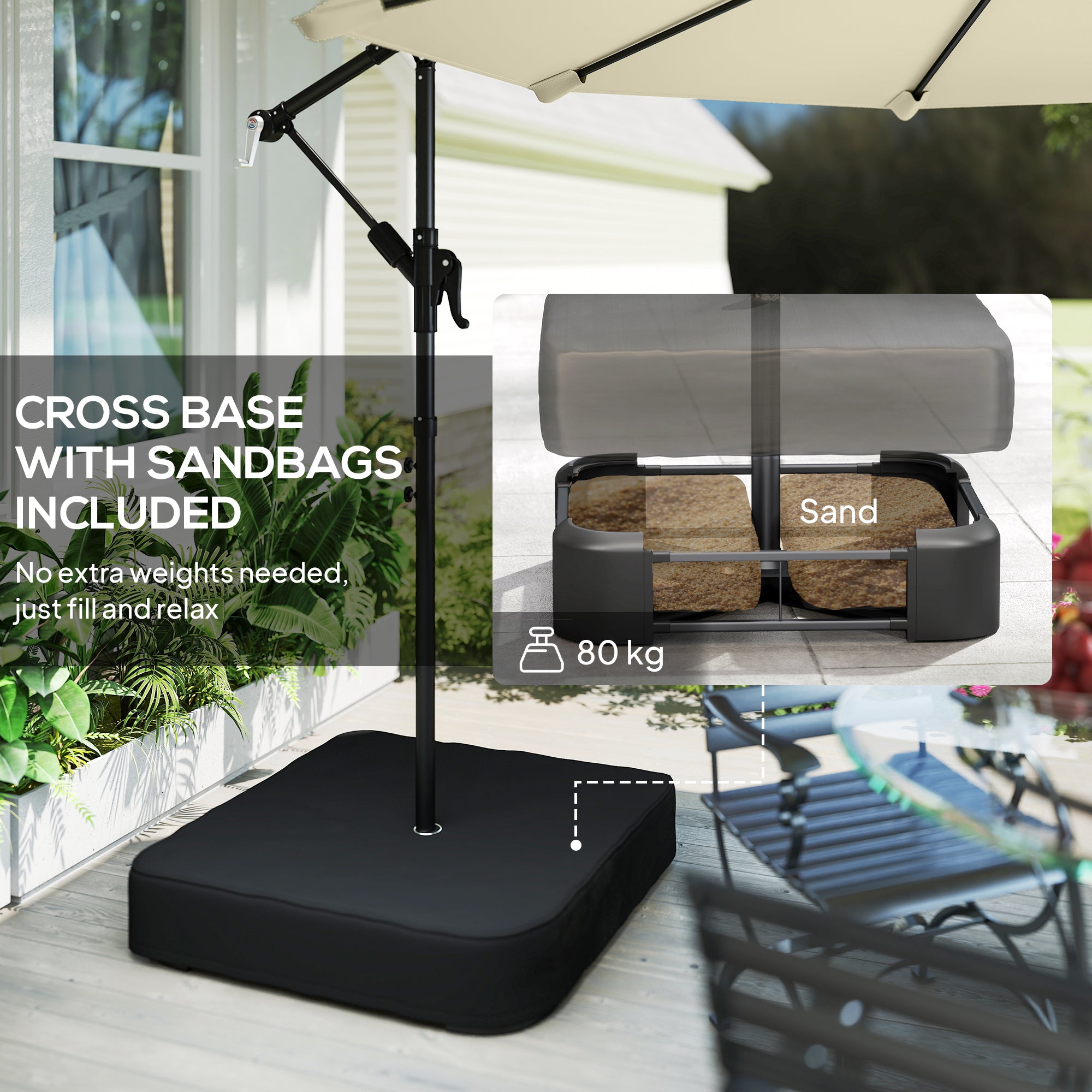 Outsunny 3 m Garden Cantilever Parasol with Cross Base, Sandbag, 360° Rotating Overhanging Banana Umbrella, Beige