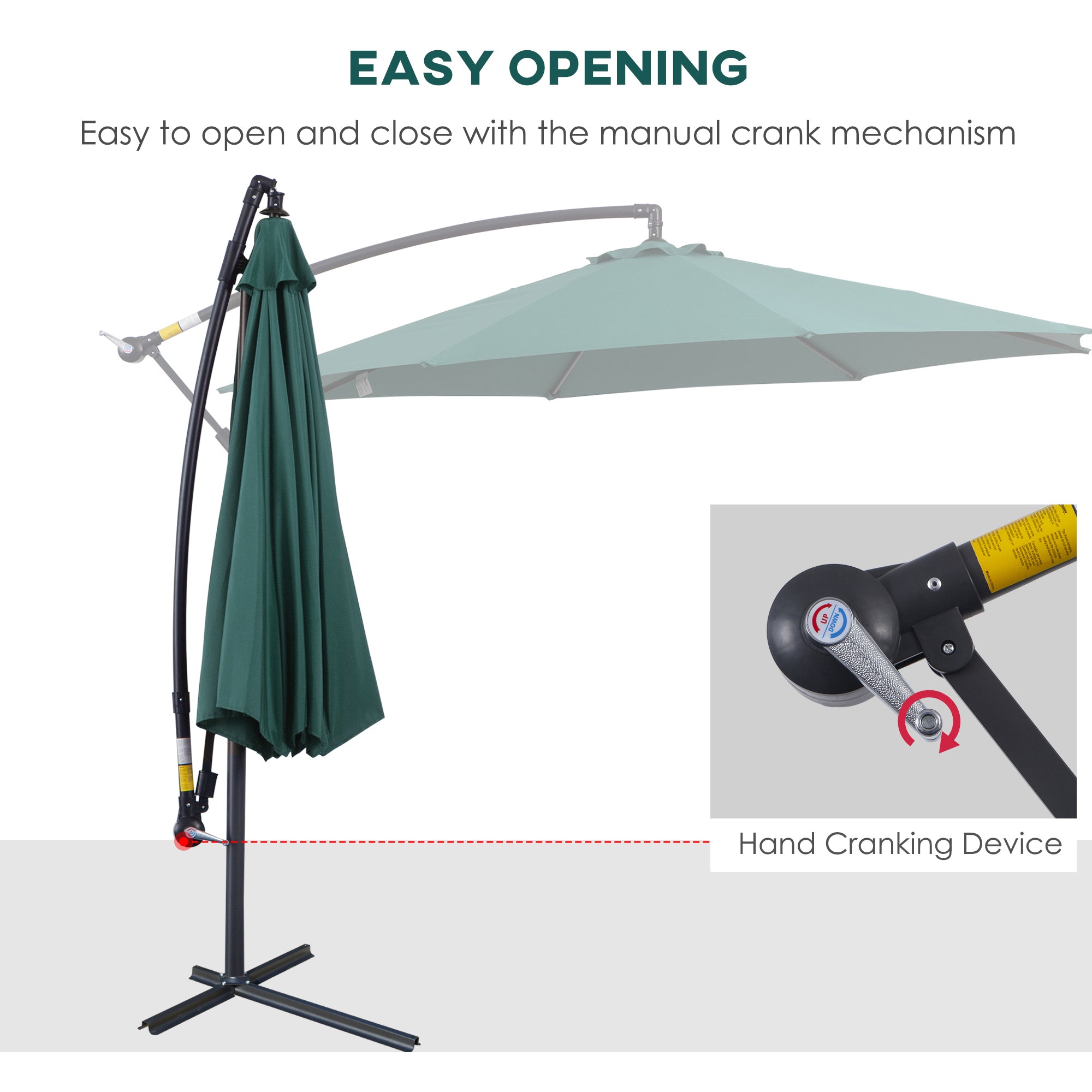 Outsunny Cantilever Canopy: 3m Banana Hanging Parasol with Crank Handle, 8 Ribs & Cross Base, Outdoor Dark Green Sun Shade