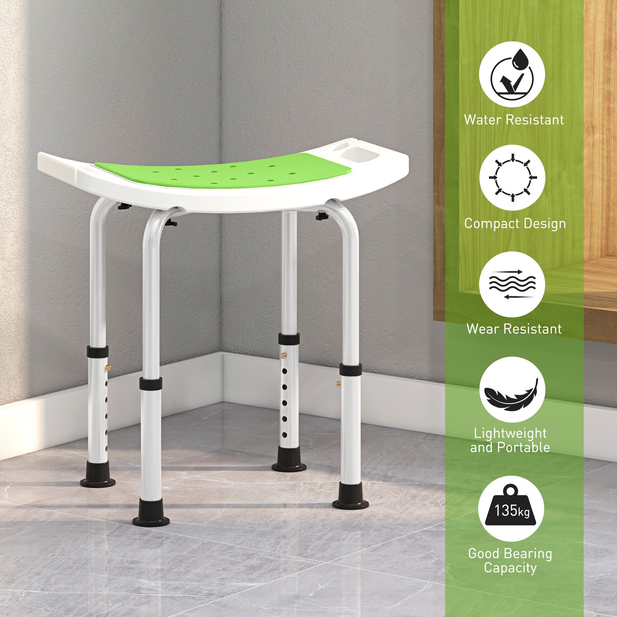 HOMCOM 6-Level Height Adjustable Aluminium Bath Room Stool Chair Shower Non-Slip Design w/ Padded Seat Drainage Holes Foot Pad, Green - North Peak Garden Furniture