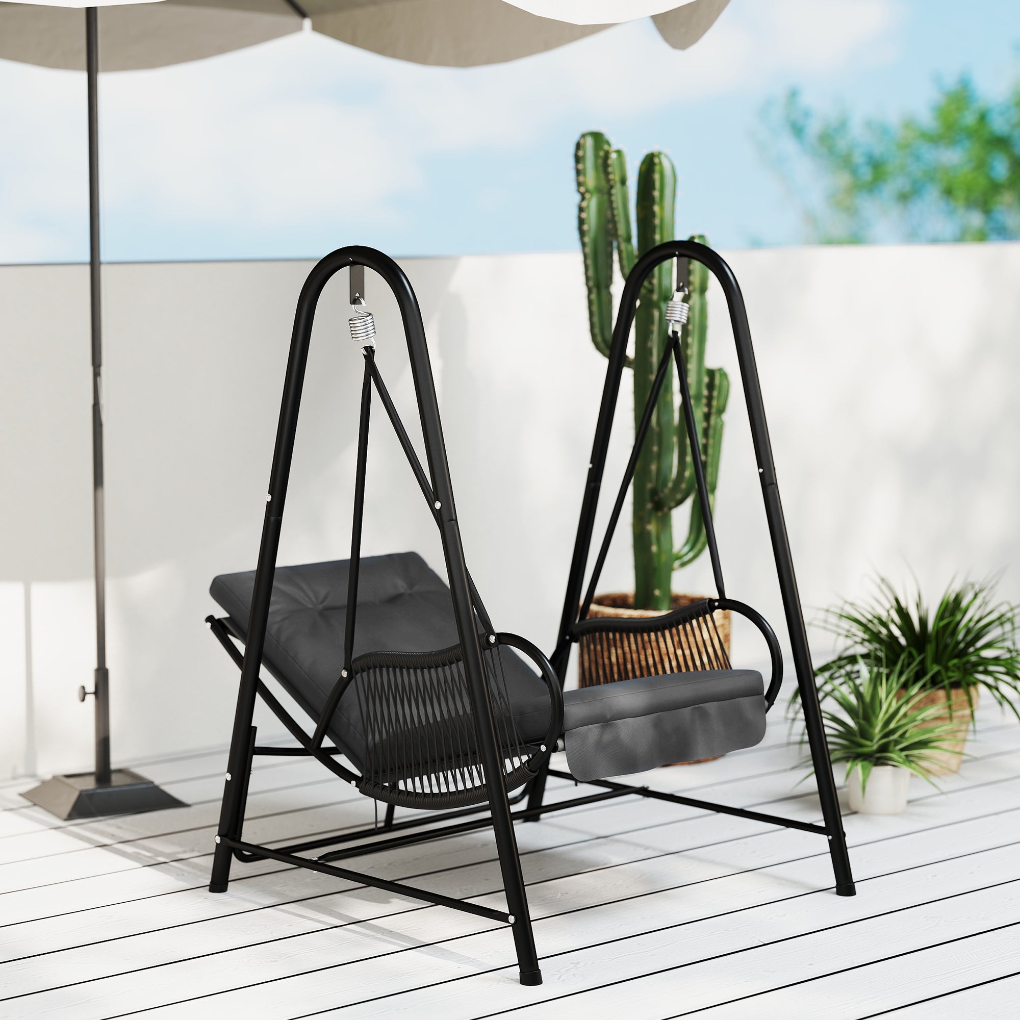 Outsunny Rattan Swing Chair, Outdoor Garden Hanging Swing Seat with Stand and Seat Cushion, Porch Hanging Chair for Balcony, Garden, Deck, Dark Grey - North Peak Garden Furniture
