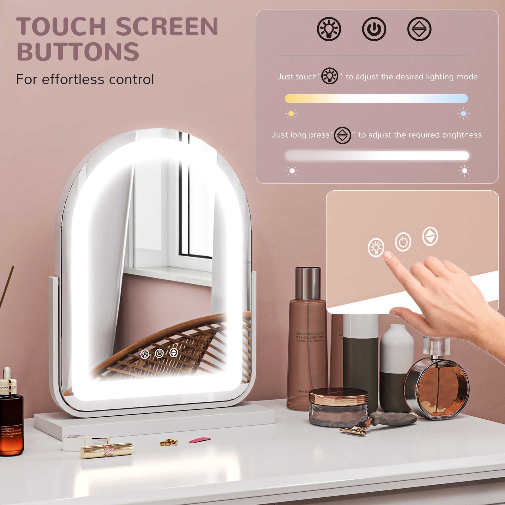 HOMCOM LED Vanity Mirror with Lights, 33 x 44.5cm Lighted Makeup Mirror with 3 Colour, 360° Rotation, Touch Screen, for Bedroom and Dressing Room, White - North Peak Garden Furniture