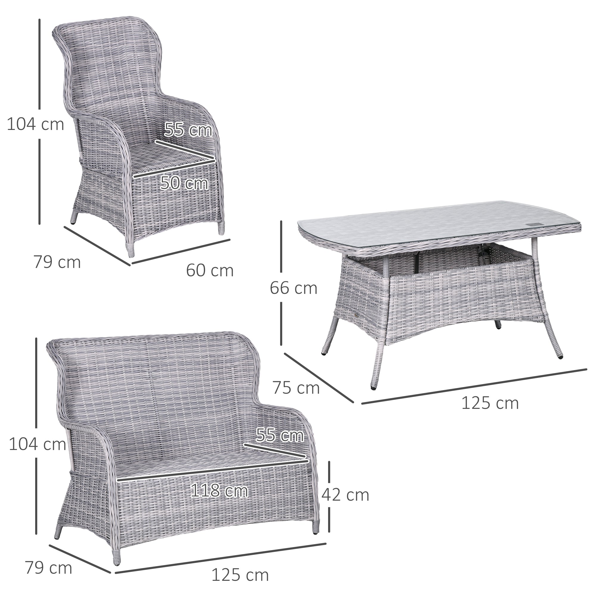 Outsunny Garden PE Rattan Dining Sofa Set, Outdoor 4 Seater Wicker Furniture, High Back Chairs with Cushions, Tempered Glass Coffee Table for Lawn, Backyard, Mixed Grey - North Peak Garden Furniture