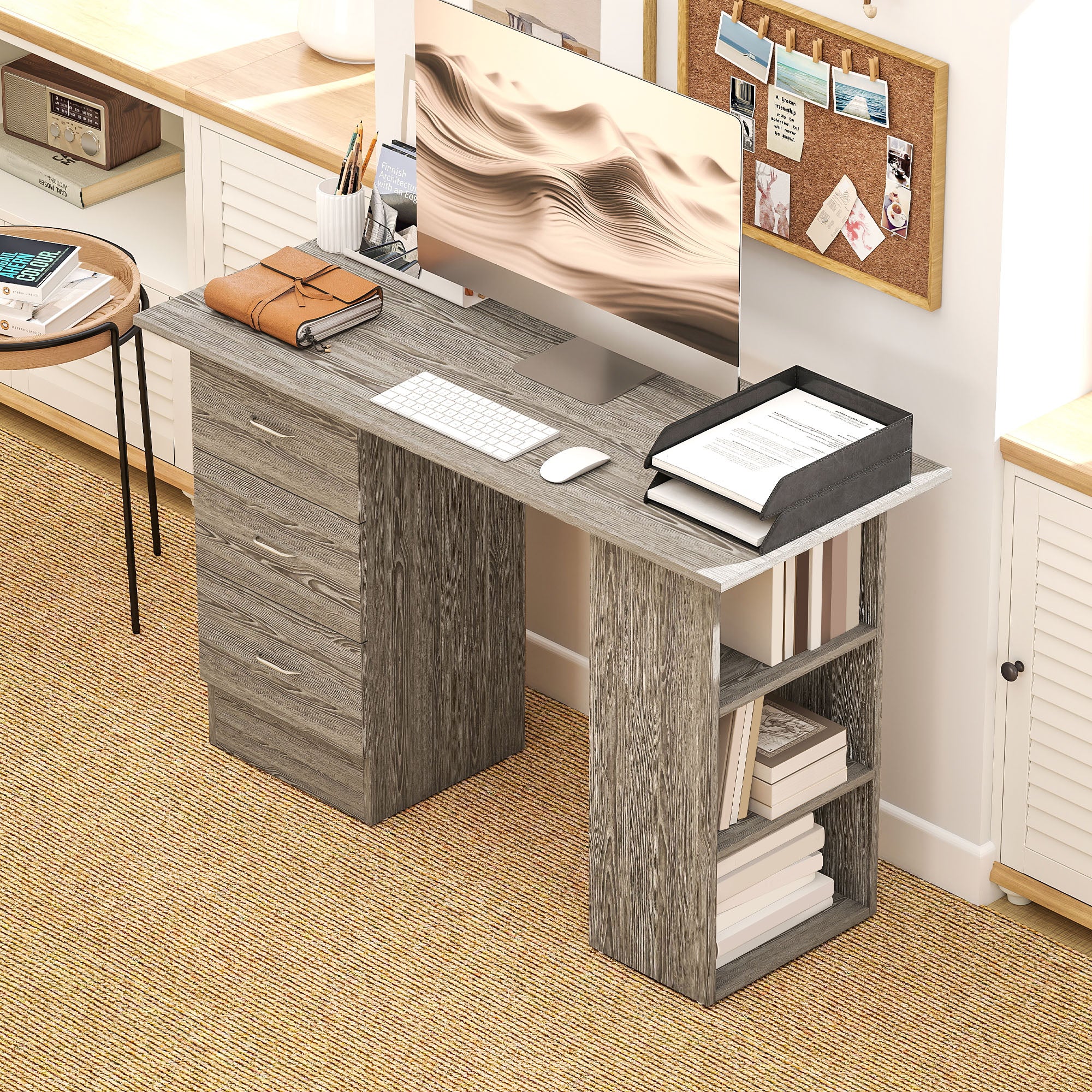 HOMCOM Computer Desk, Writing Table, PC Workstation with 3 Storage Shelves and Drawers, Silver Handle, for Home Office, Grey