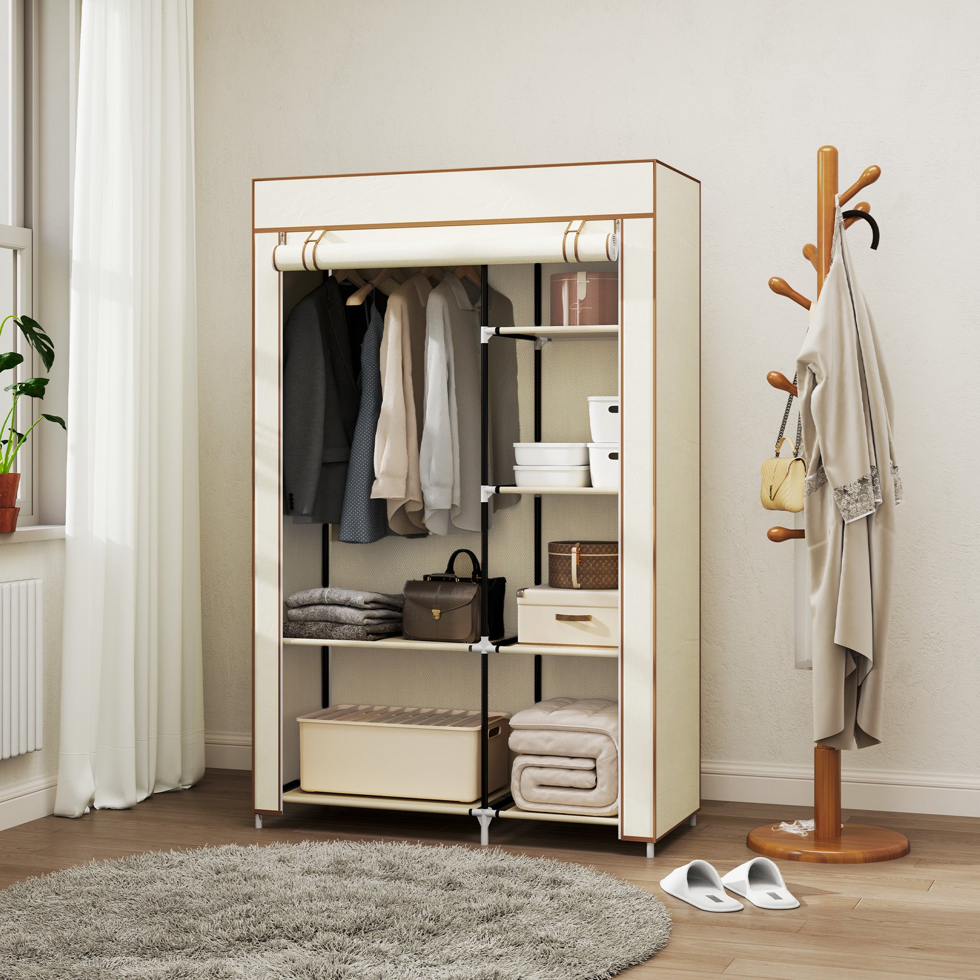HOMCOM Fabric Wardrobe, Portable Wardrobe with 6 Shelves, 1 Hanging Rail, Foldable Closets, 103 x 43 x 162.5 cm, Cream White - North Peak Garden Furniture