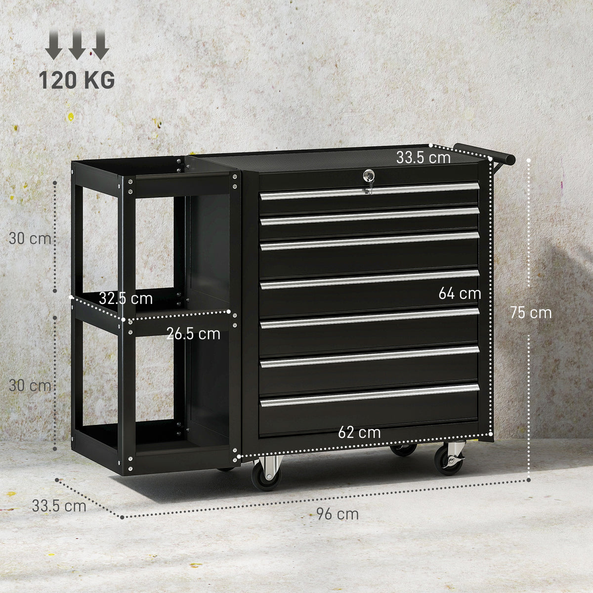 HOMCOM Lockable Steel Tool Chest on Wheels, 7 Drawer Tool Box with Handle for Workshop, Garage, Black