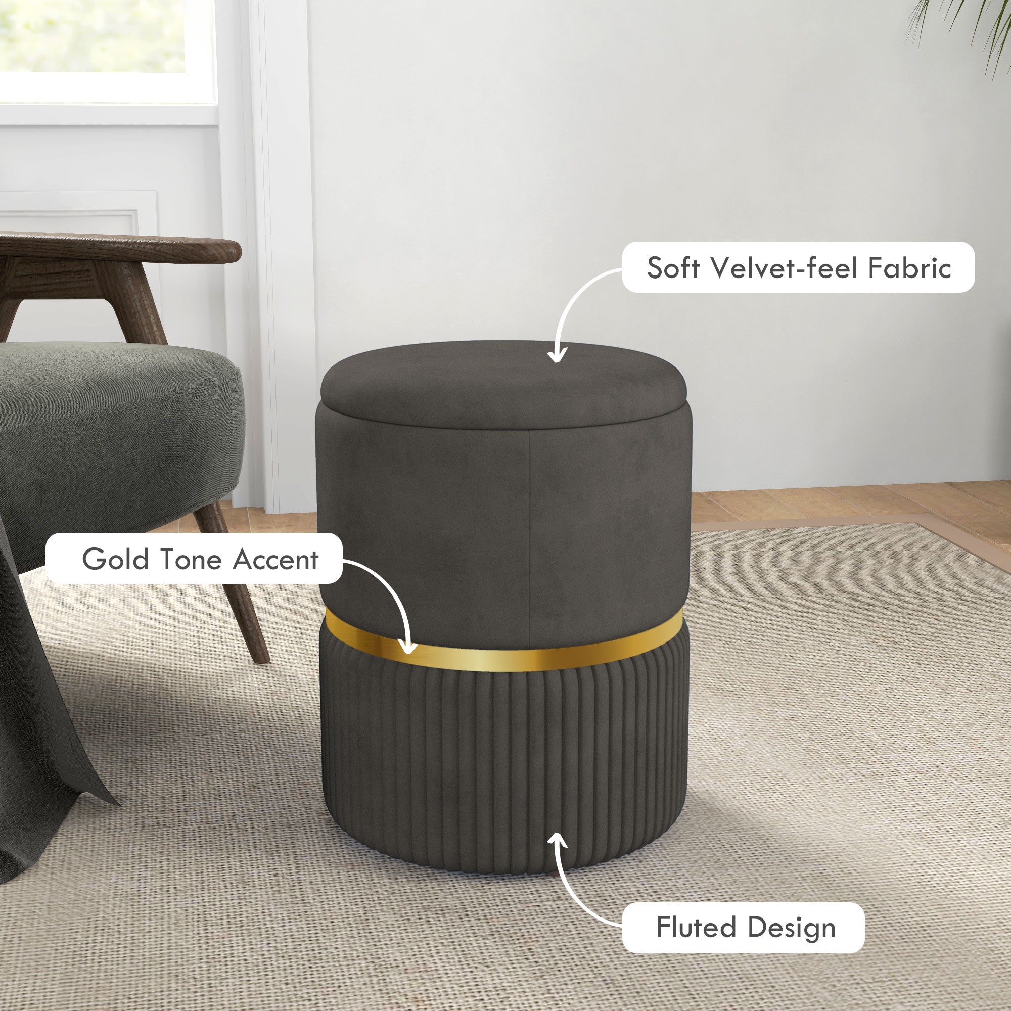 HOMCOM Velvet-Feel Storage Ottoman - Grey - North Peak Garden Furniture