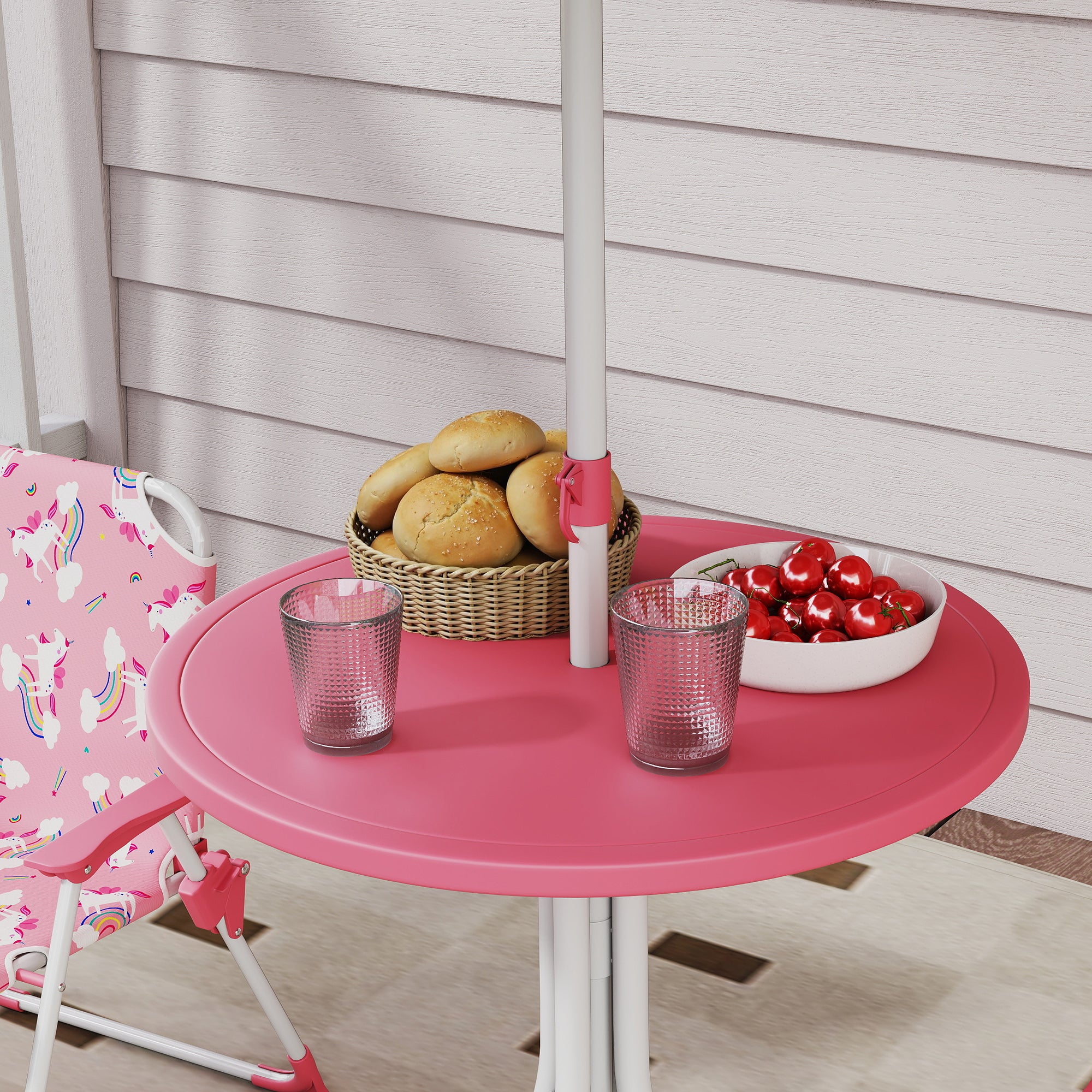 AIYAPLAY Kids Patio Table and Chair Set, Kids Garden Furniture with Umbrella, 4-Piece Bistro Set for Garden, Pink