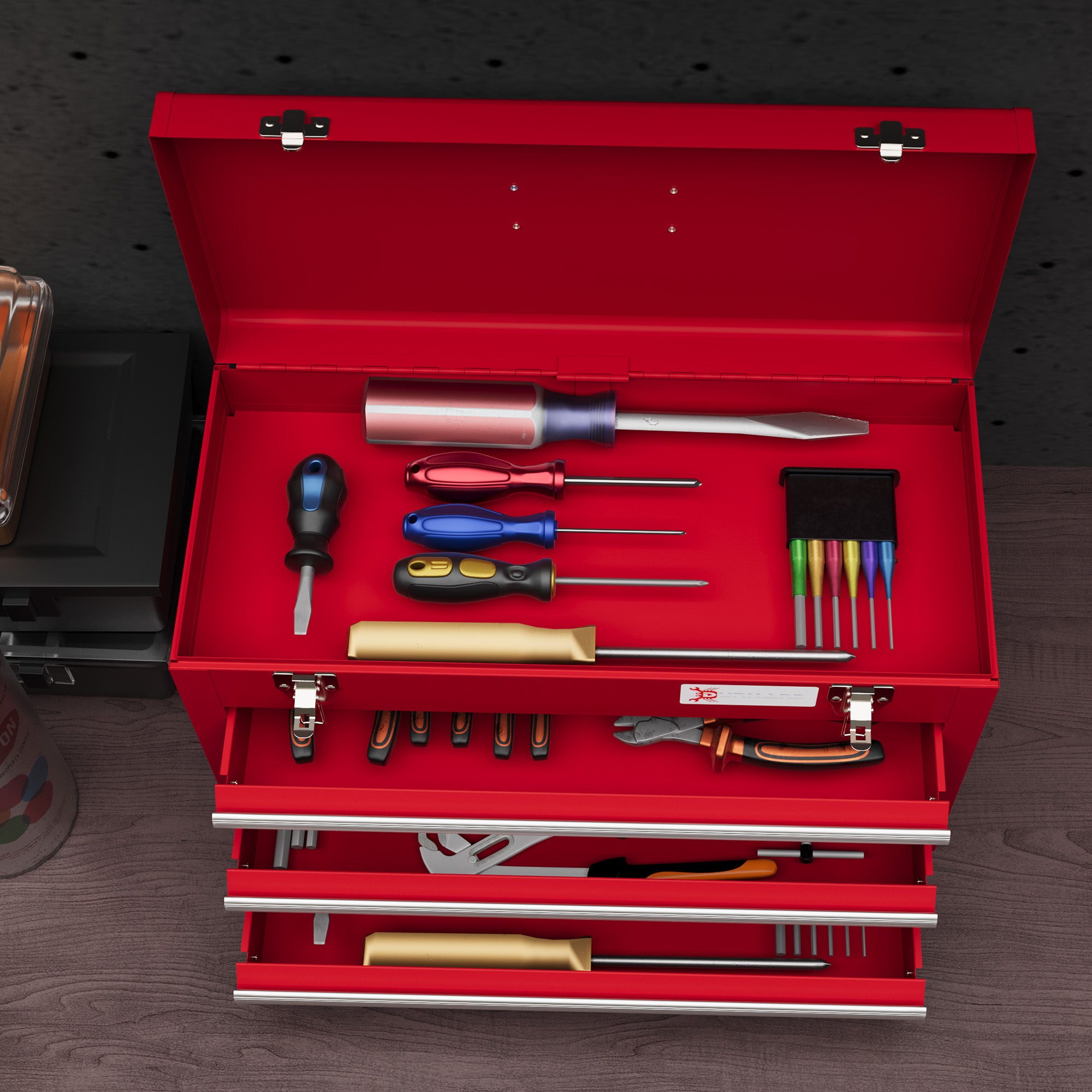 DURHAND Lockable Metal Tool Box, 3 Drawer Tool Chest with Latches, Handle, Ball Bearing Runners, Red - North Peak Garden Furniture