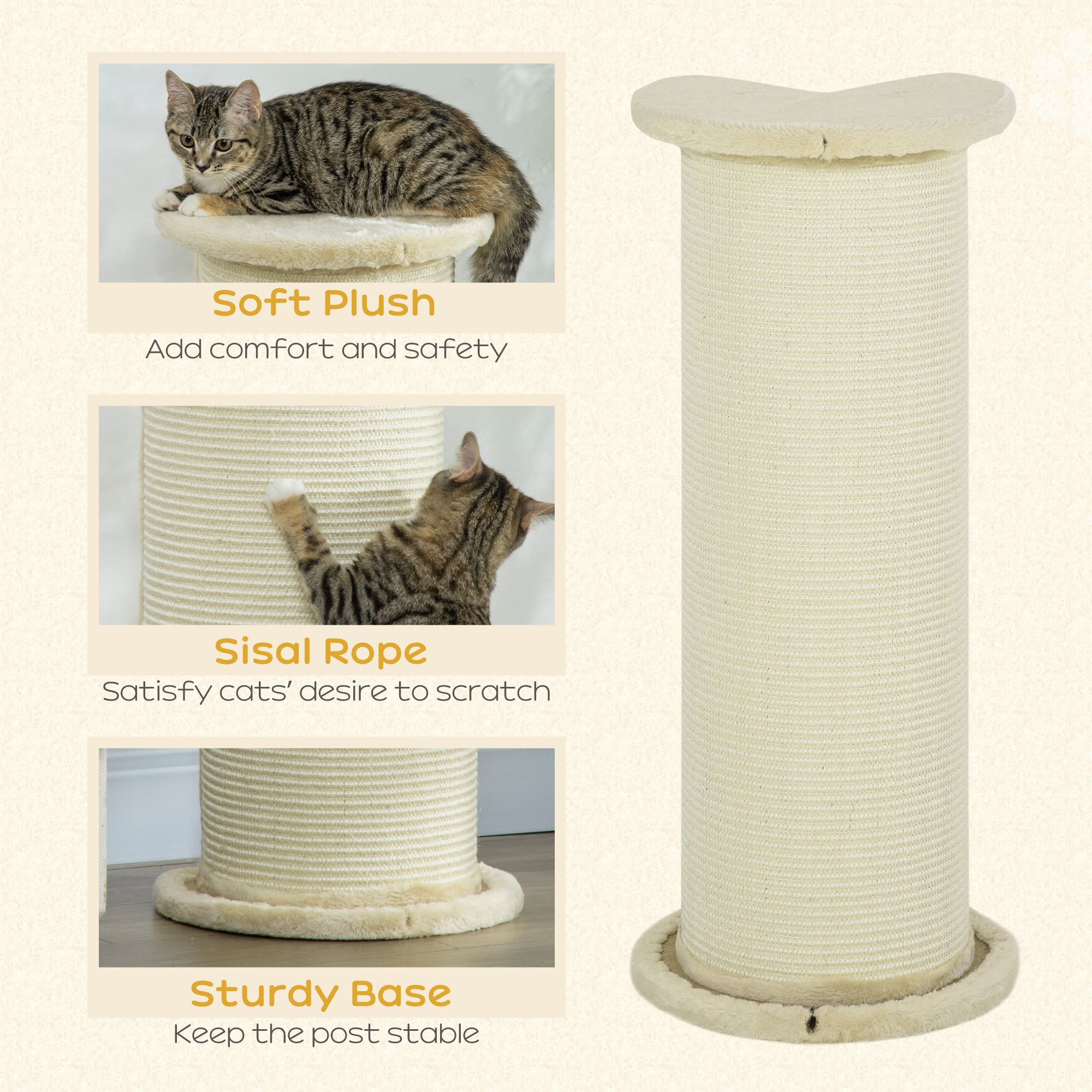 PawHut 85cm Tall Cat Scratching Post, with Sisal Rope, Soft Plush, Anti Tip - Beige