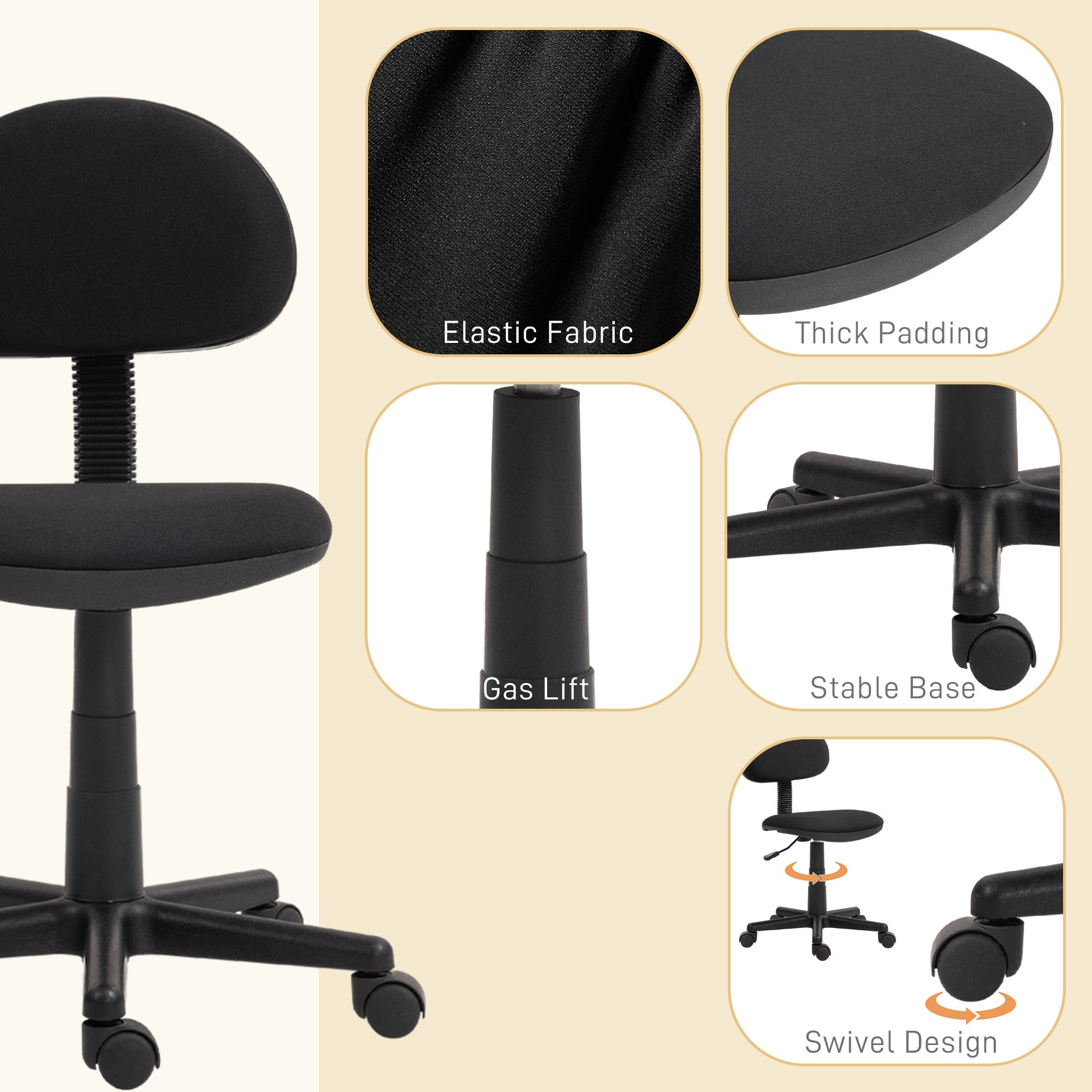 HOMCOM Small Armless Office Chair - Black - North Peak Garden Furniture