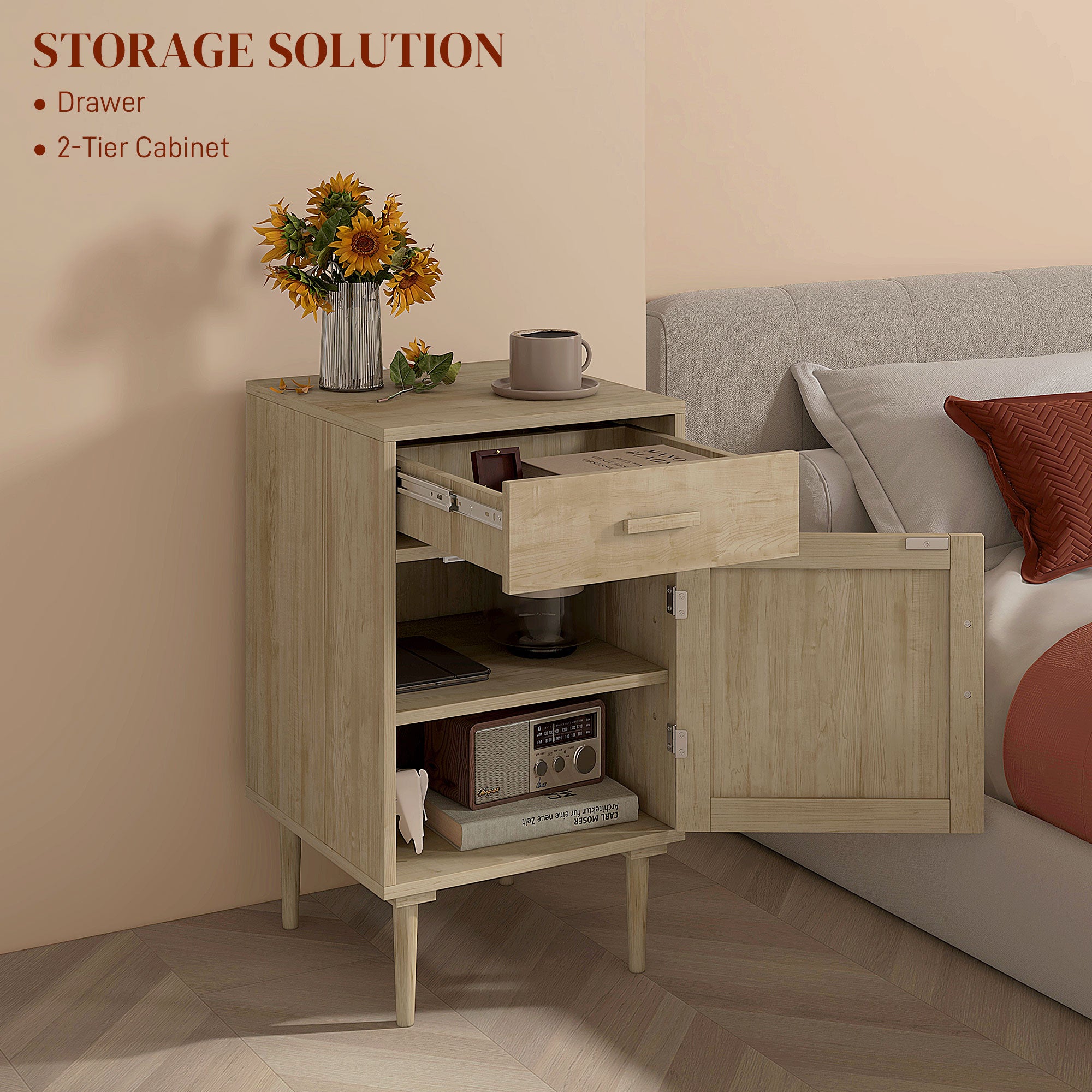 HOMCOM Bedside Table, Rattan Side Tables with Drawer, Cabinet and Adjustable Shelf, Boho Bedside Cabinet with Storage for Bedroom, Living Room, Natural Wood Effect - North Peak Garden Furniture