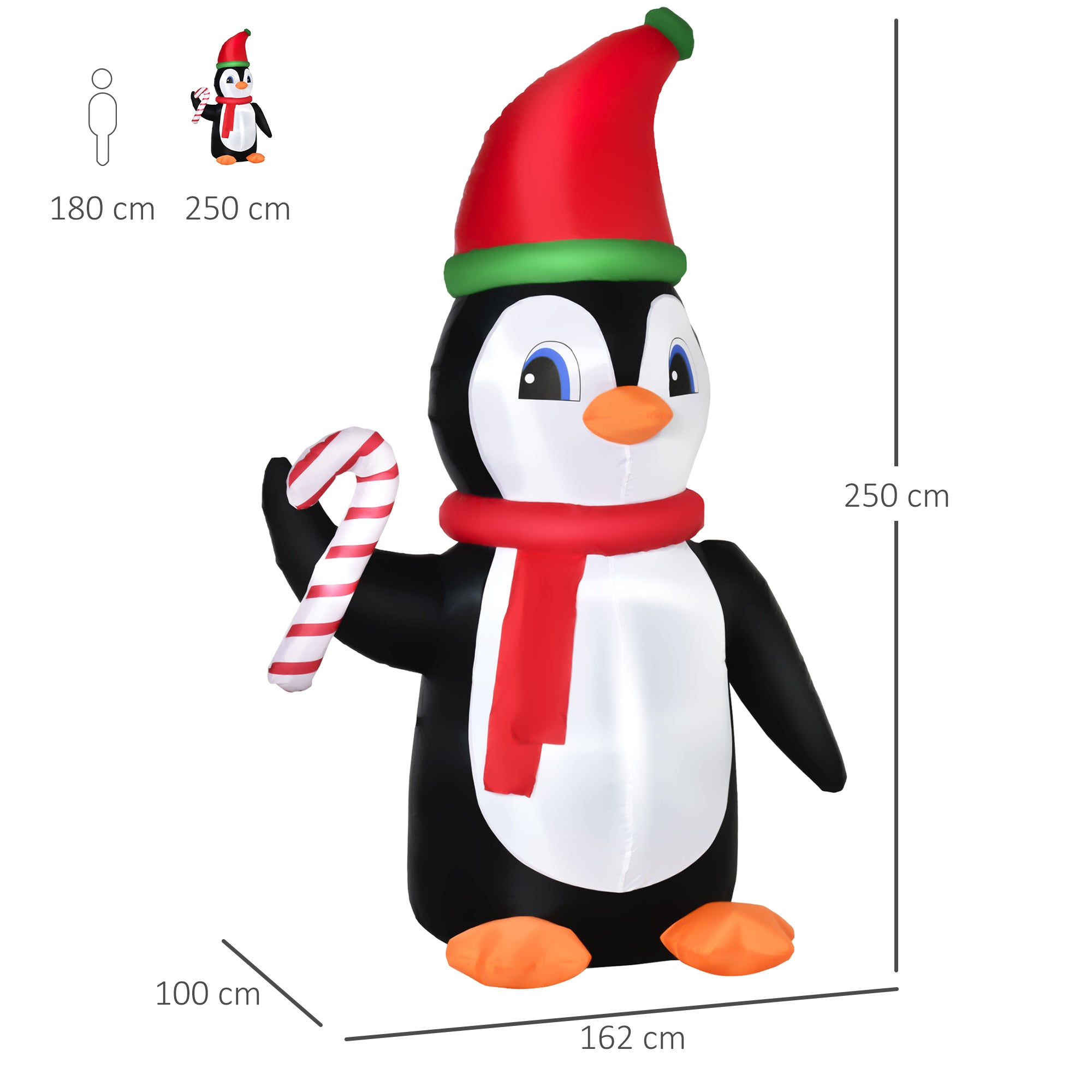 HOMCOM 8ft Inflatable Christmas Penguin Holding Candy Cane Blow Up Outdoor Decoration with LED Lights for Holiday - North Peak Garden Furniture