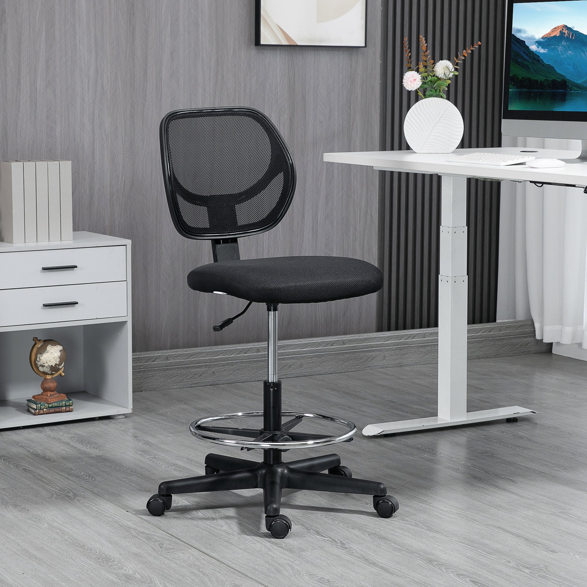 Vinsetto Ergonomic Mesh Standing Desk Chair with Adjustable Footrest Ring and Seat Height Black - North Peak Garden Furniture
