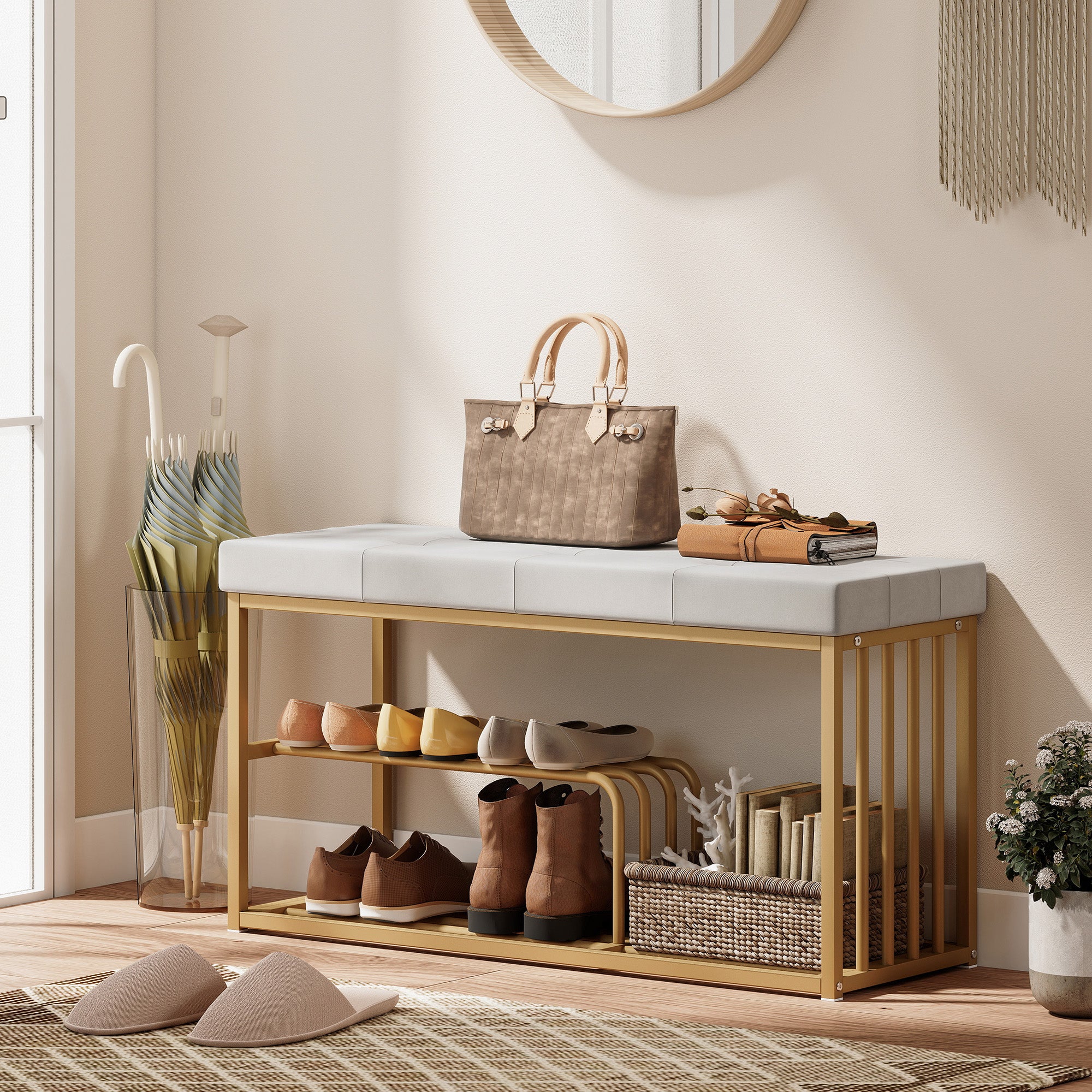 HOMCOM Bench and Shoe Storage, Tufted Shoe Storage Bench with Velvet Seat Cushion Gold Steel Frame for Entryway, Grey