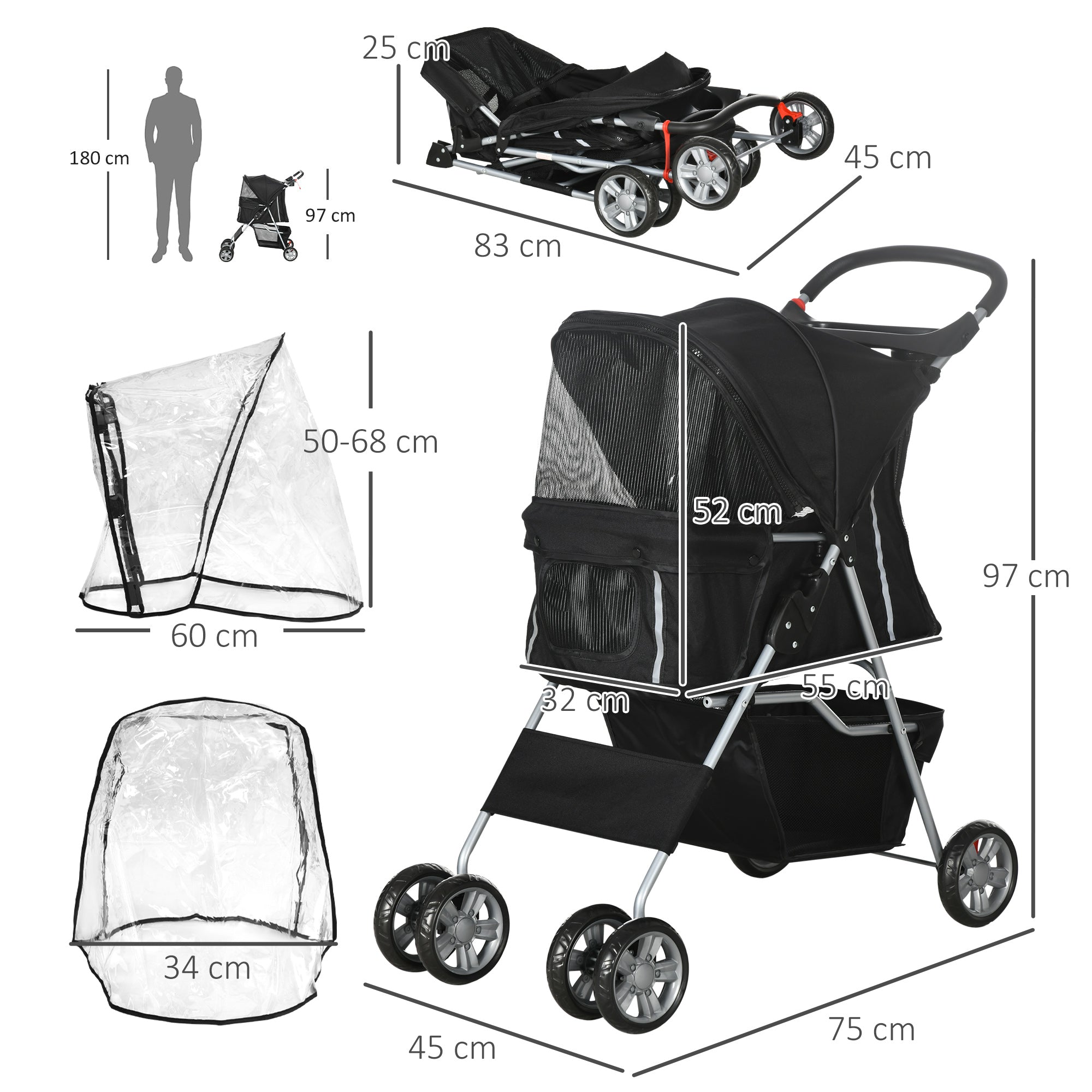 PawHut Pet Travel Stroller with Rain Cover, 4 Wheels Foldable Travel Carriage with Wheels Zipper Entry Cup Holder Storage Basket Black - North Peak Garden Furniture