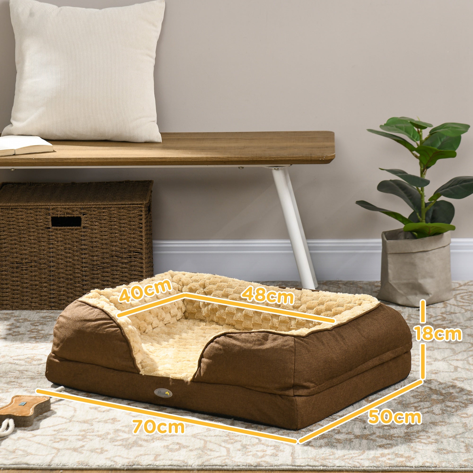 PawHut Calming Dog Bed Pet Mattress w/ Removable Cover, Anti-Slip Bottom, for Small Dogs, 70L x 50W x 18Hcm - Brown - North Peak Garden Furniture