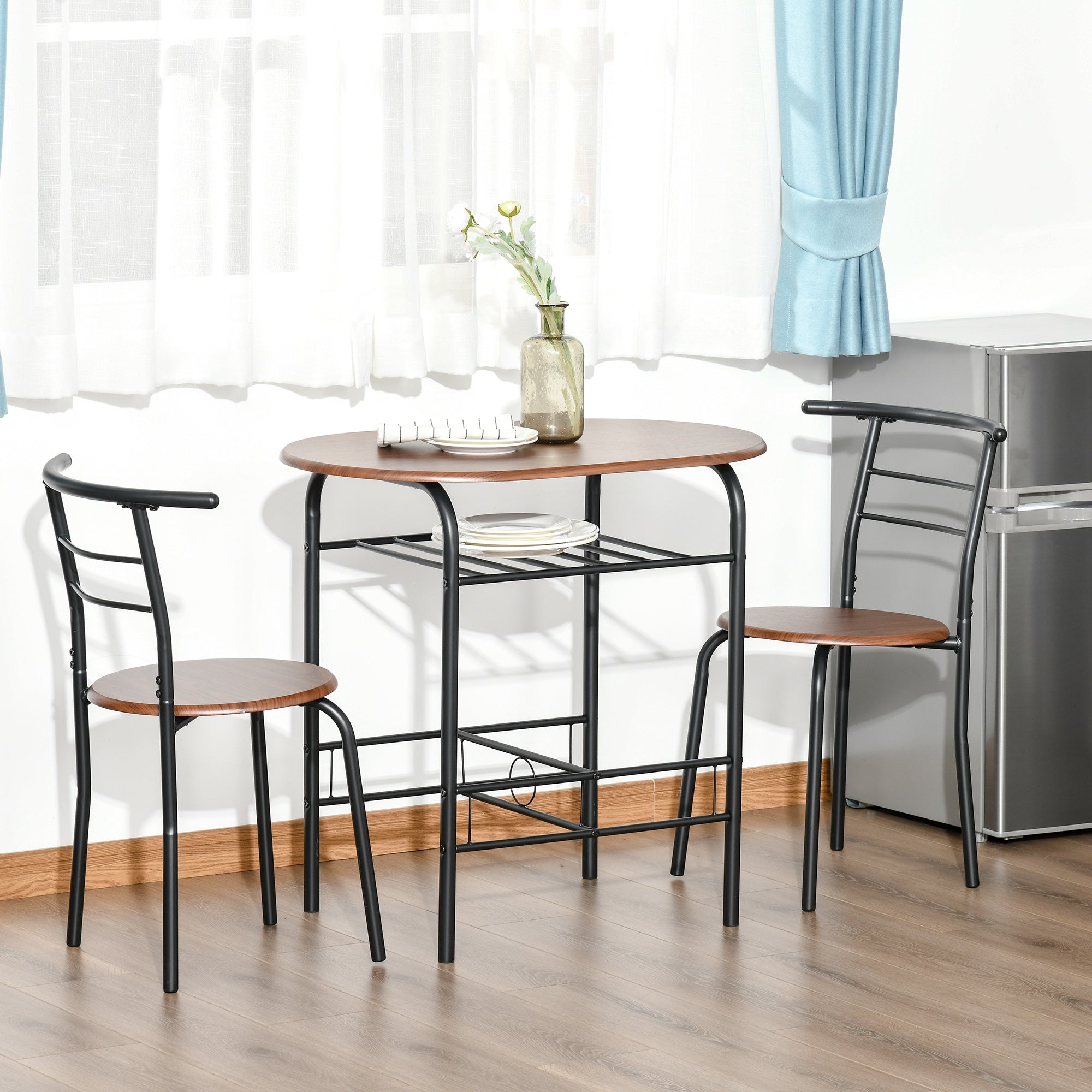 HOMCOM 3-Piece Dining Table Set , Metal Frame Wood Top Breakfast Bar Table Set for 2, Dining Table w/Storage Shelf & 2 chairs - North Peak Garden Furniture