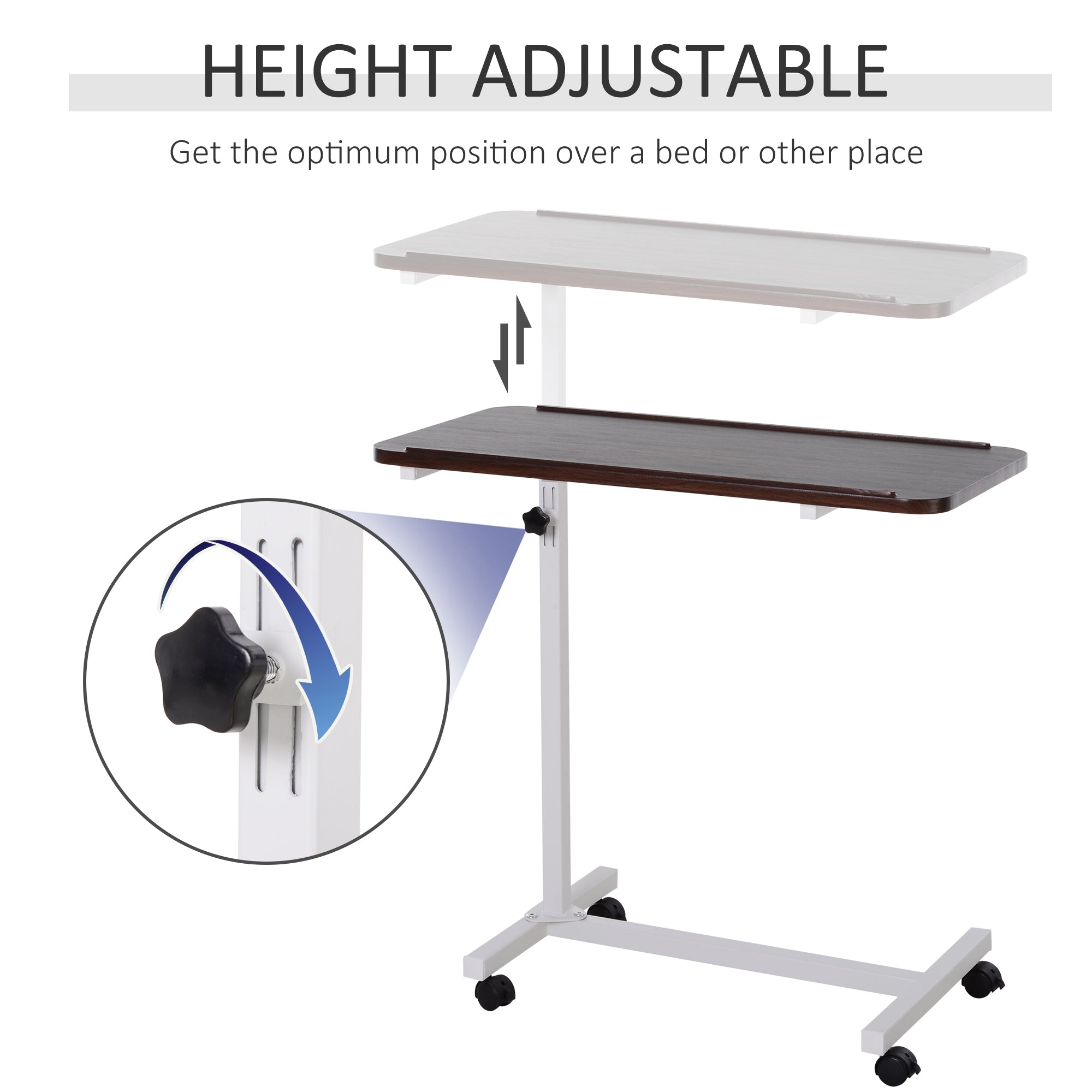HOMCOM Height Adjustable Overbed Table with Wheels, C Shaped Laptop Desk, Portable Rolling Bedside Table for Living Room, Bedroom, Brown - North Peak Garden Furniture