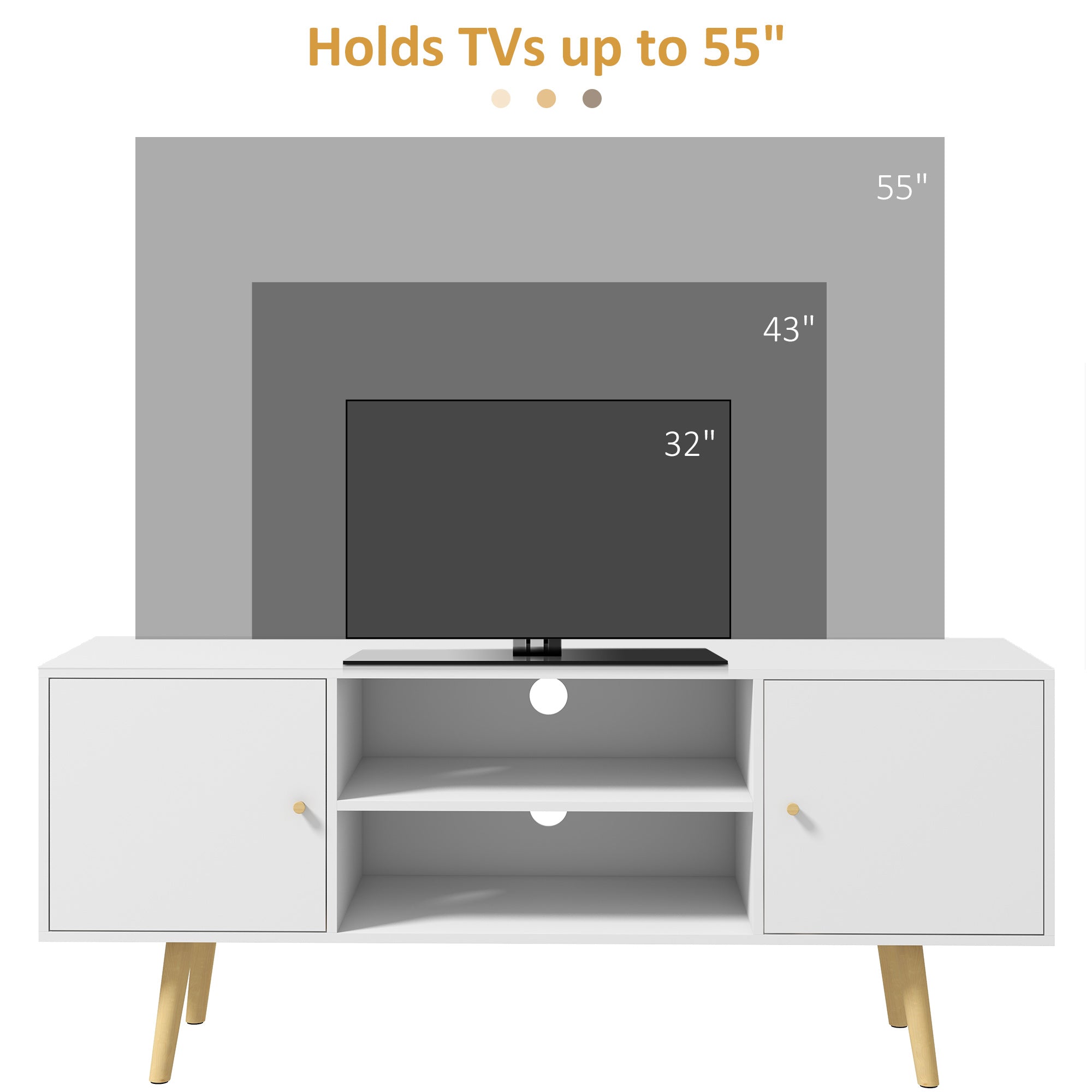HOMCOM TV Unit Cabinet for TVs up to 55 Inches, TV Stand with Storage Shelves and Wood Legs for Living Room, White - North Peak Garden Furniture