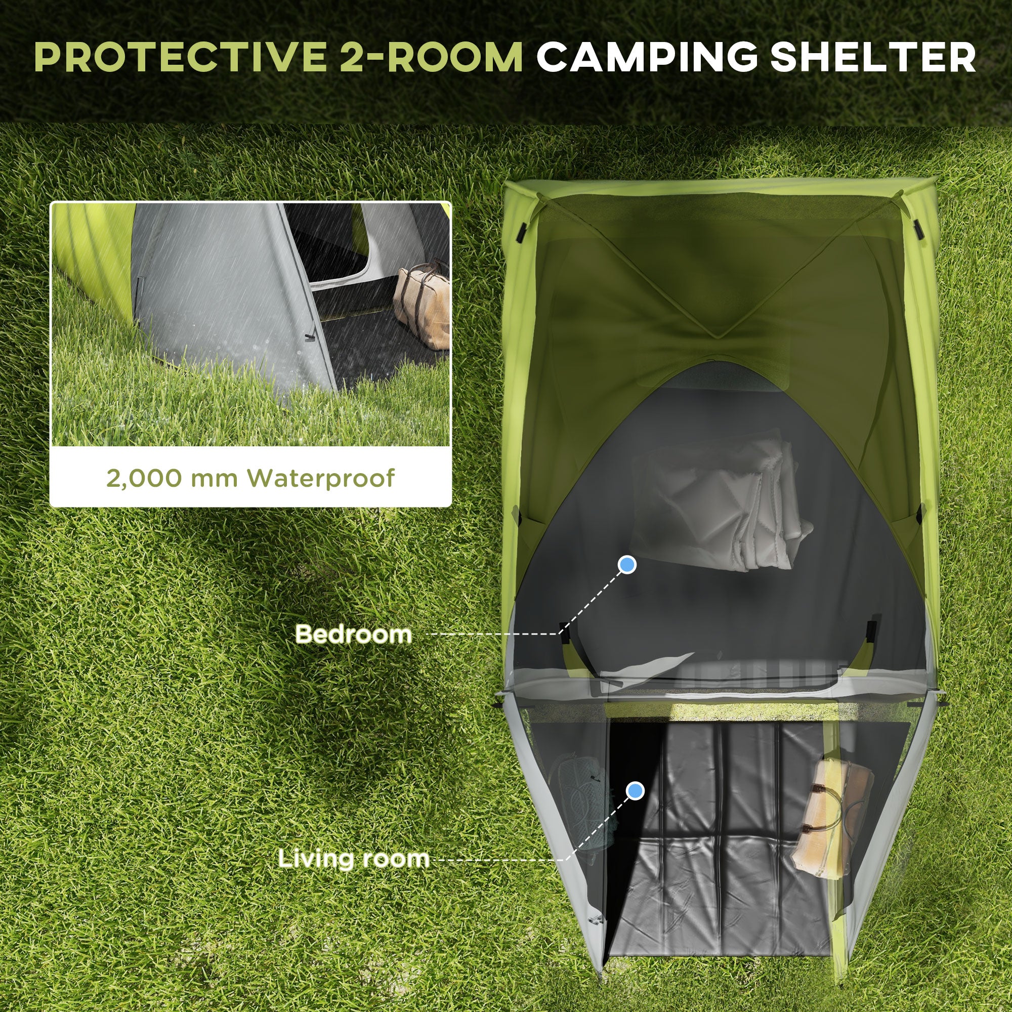 Outsunny Two-Man Dome Tent, with Front Porch and Accessories - Yellow/Grey - North Peak Garden Furniture