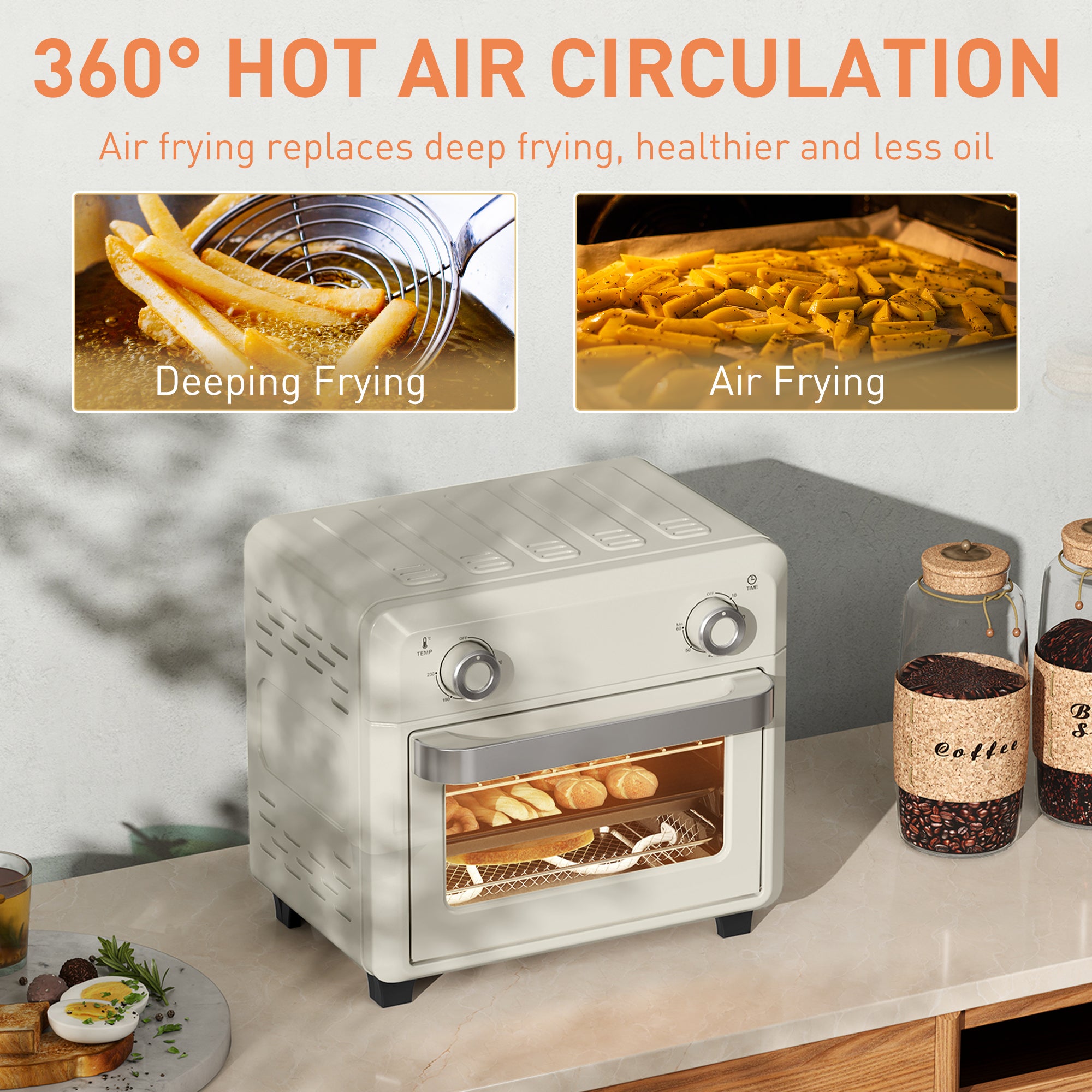 HOMCOM 10L Air Fryer Oven, Mini Oven, Oil Free Cooking, Grill, Roast, Bake, with Adjustable Temperature, Timer, Touch Screen, Dishwasher Safe, 1000W, Cream White