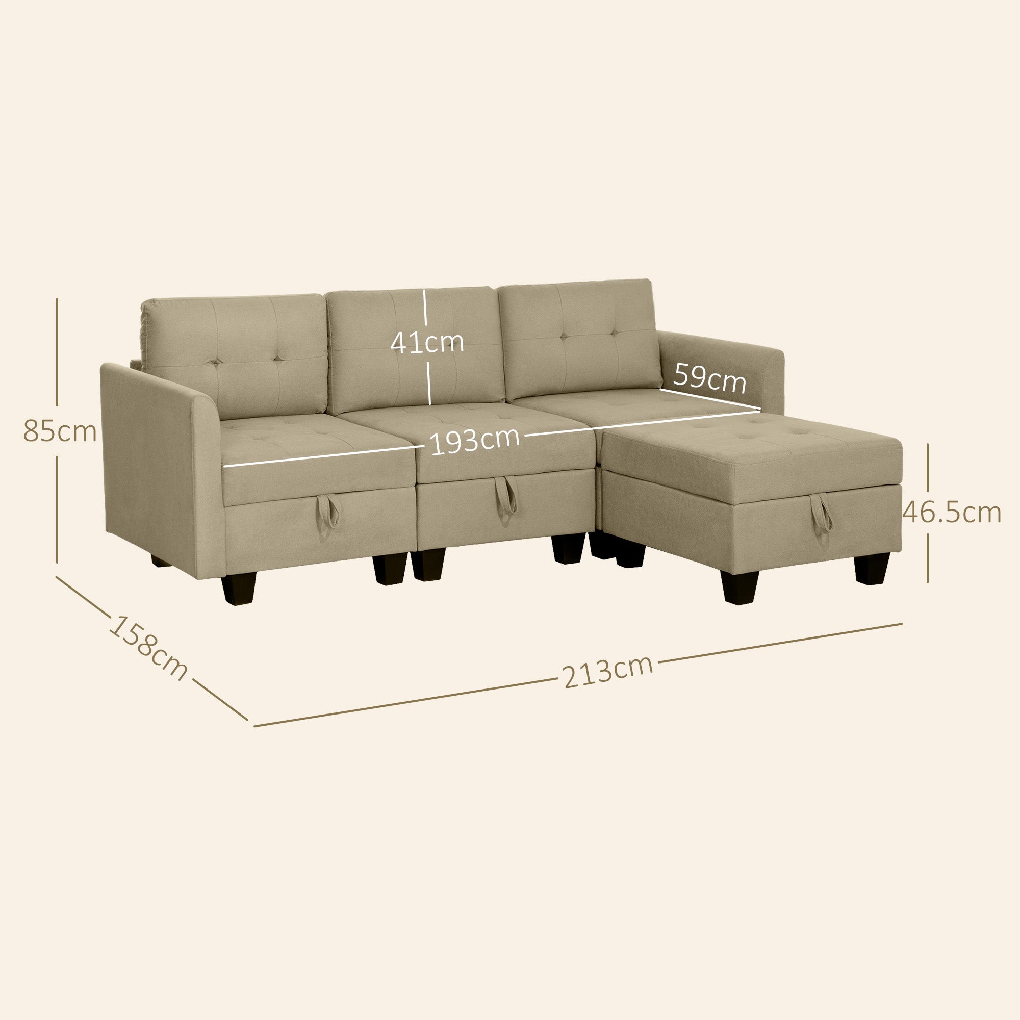 HOMCOM 'L' Shape Modular Sofa, with Storage - Light Brown - North Peak Garden Furniture
