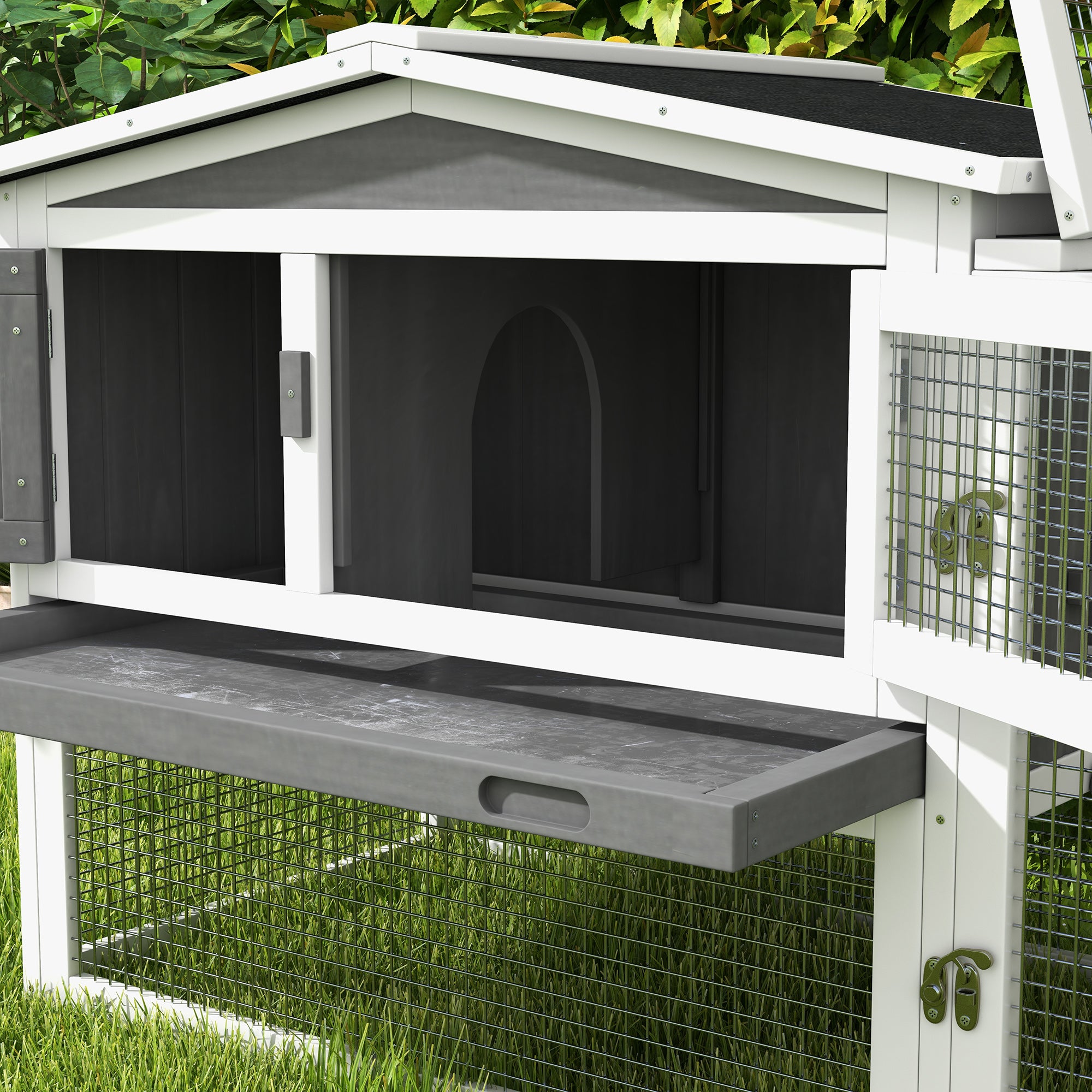 PawHut Rabbit Hutch with Run Wooden Guinea Pig Hutch Outdoor Bunny Cage Hide House with Sliding Tray, Hay Rack, Ramp, 156 x 58 x 68cm, Grey - North Peak Garden Furniture