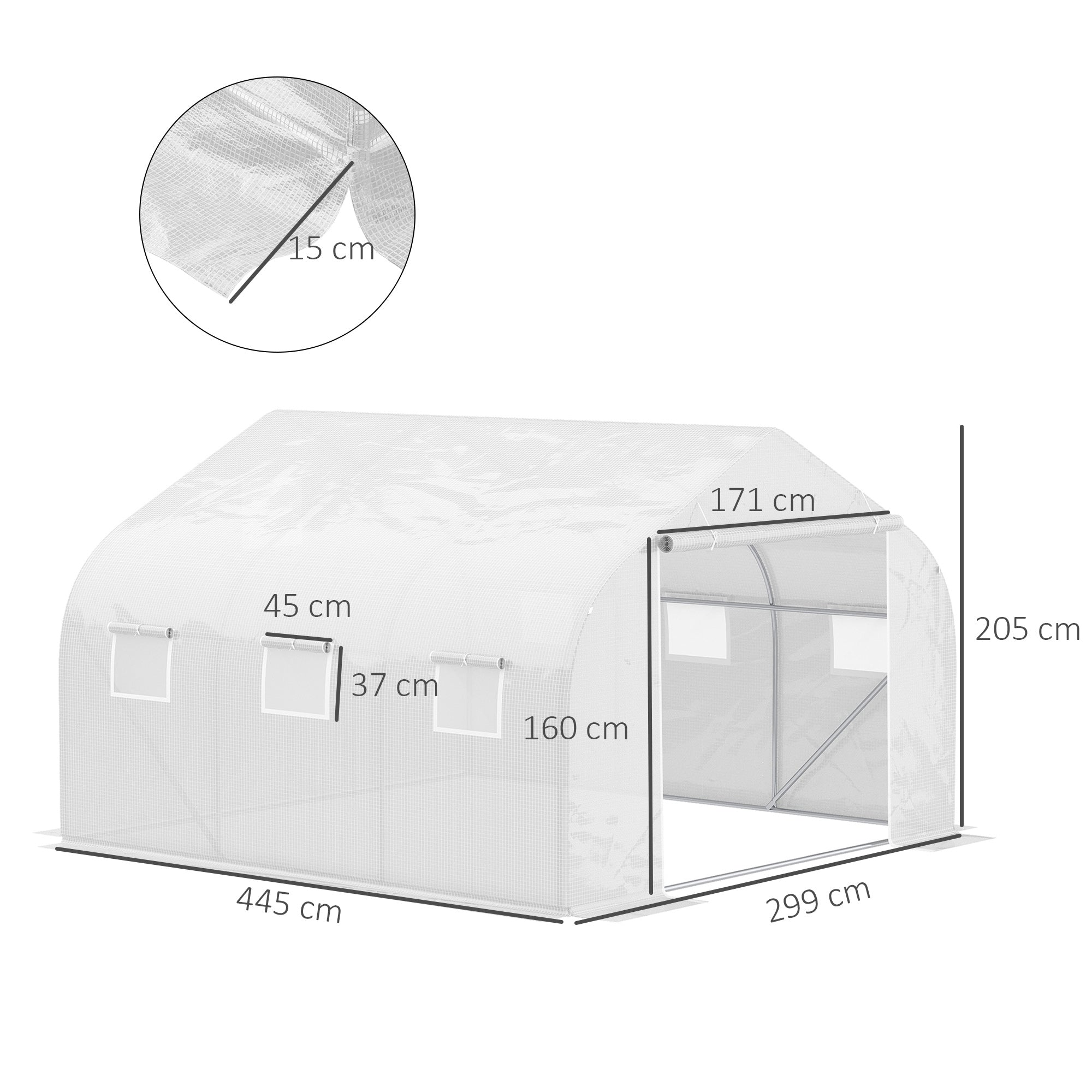 Outsunny 4.5 x 3 x 2m Walk-In Greenhouse Polytunnel Greenhouse Garden Hot House with Steel Frame, Roll Up Door and Windows, White