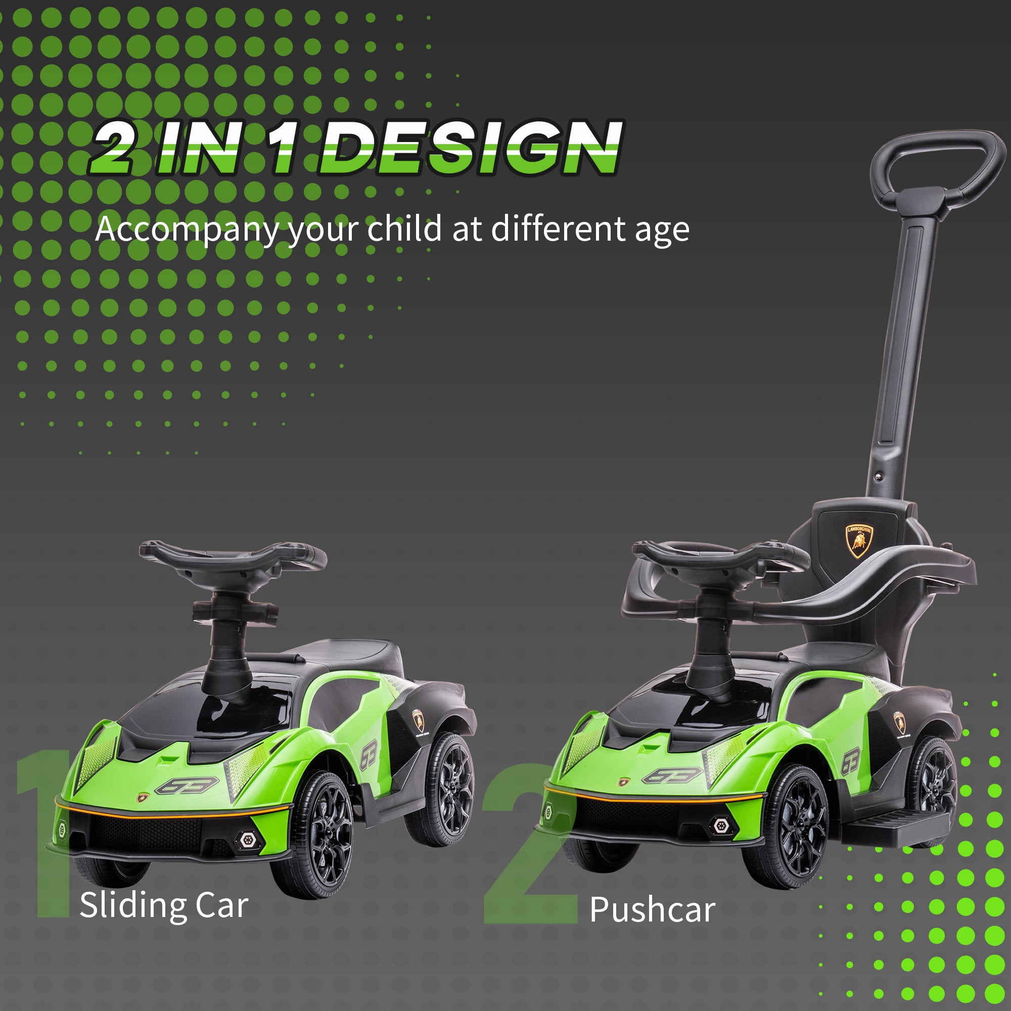 AIYAPLAY Kids 2-In-1 Lamborghini Ride-On and Stroller, with Horn - Green - North Peak Garden Furniture