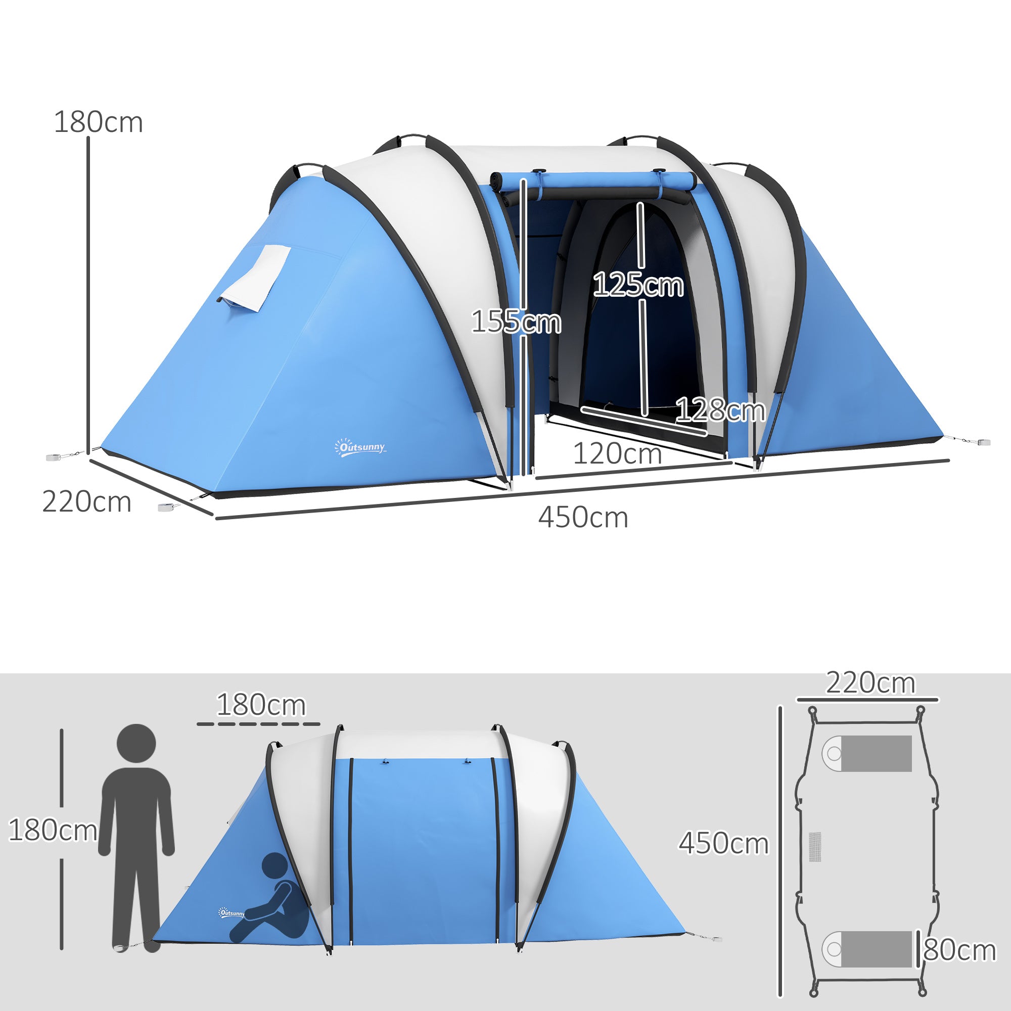 Outsunny Camping Tent with 2 Bedrooms and Living Area, 3000mm Waterproof Family Tent, for Fishing Hiking Festival, Blue