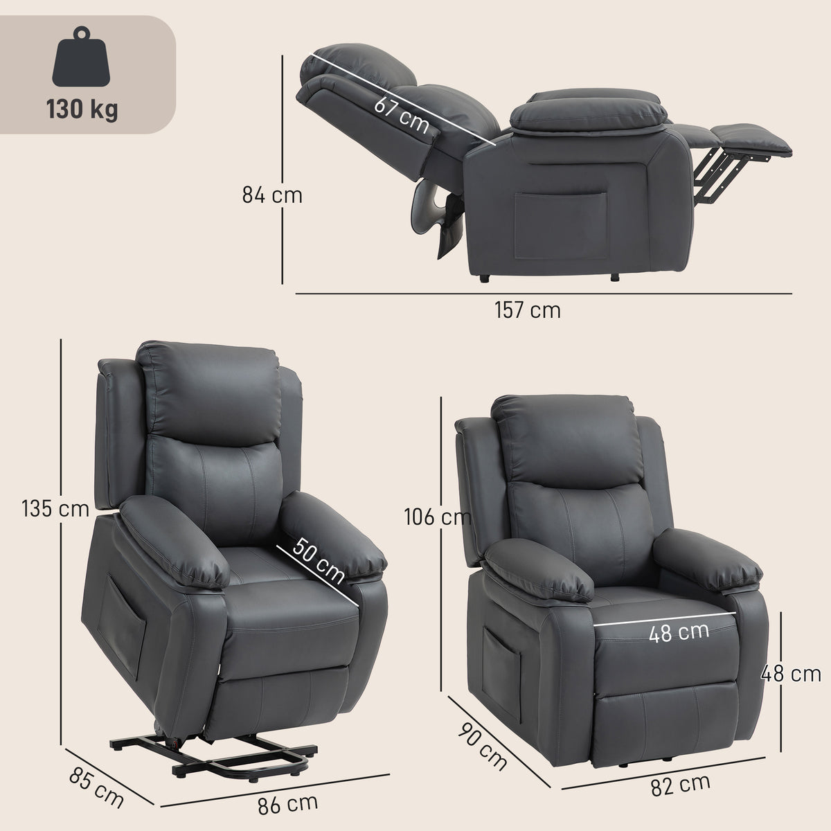 HOMCOM Riser and Recliner Chair with Vibration Massage, PU Leather Power Lift Chair for Elderly, Dark Grey