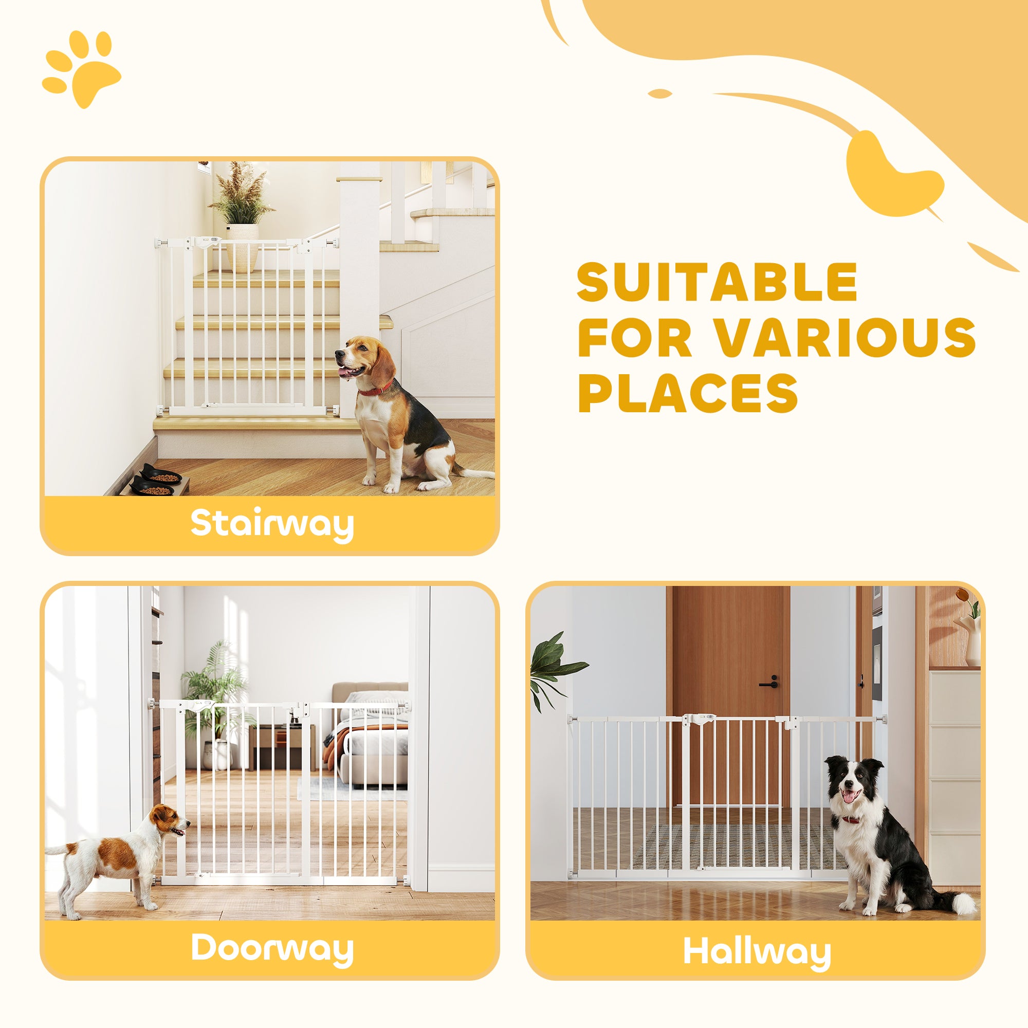 PawHut Dog Gate Stair Gate Pressure Fit Pets Barrier Auto Close for Doorway Hallway, 74-148cm Wide Adjustable, White