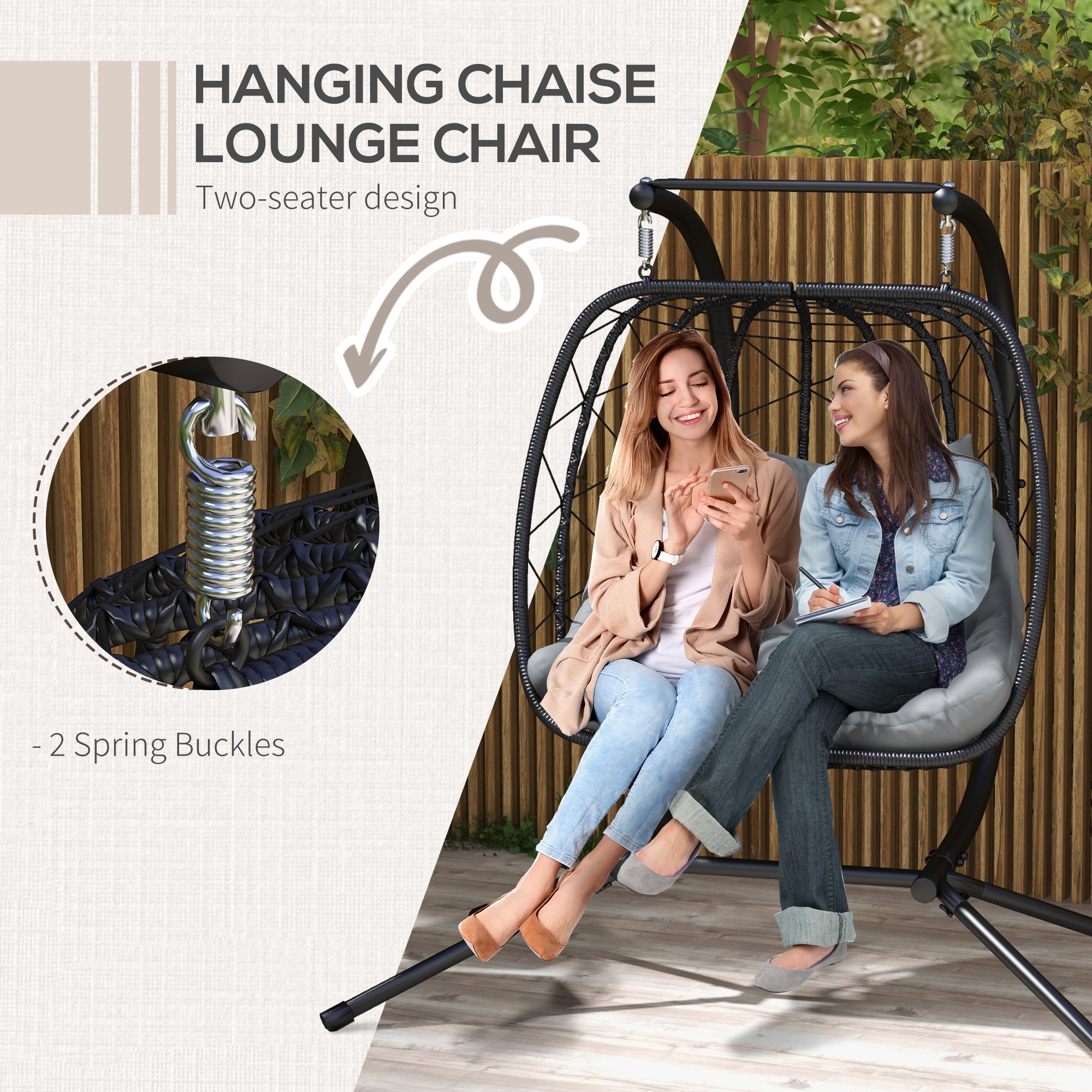 Outsunny Two-Seater Steel Frame Hanging Egg Chair - Black - North Peak Garden Furniture