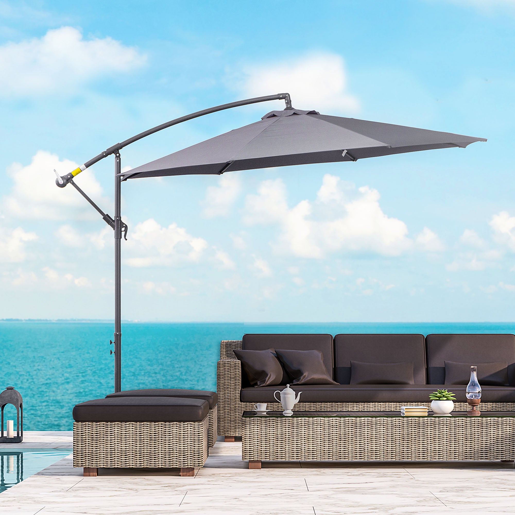 Outsunny 3(m) Garden Parasol Sun Shade Patio Banana Hanging Umbrella Cantilever with Crank Handle and Cross Base Grey - North Peak Garden Furniture