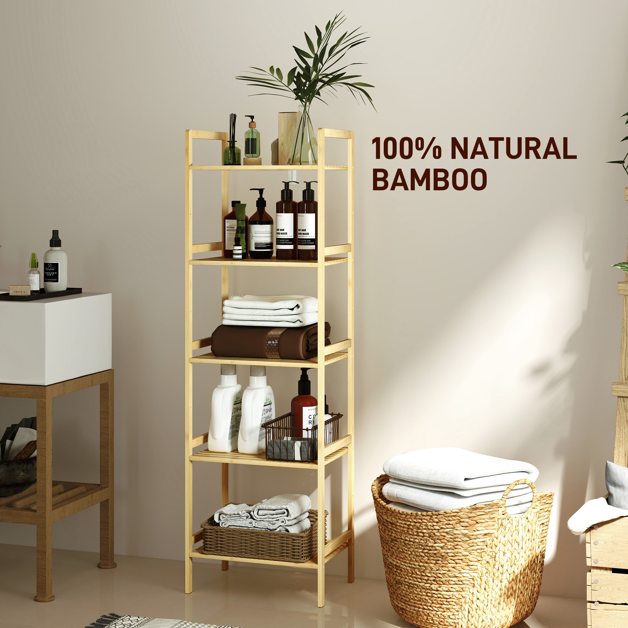 HOMCOM 5-Tier Bamboo Bathroom Storage Shelf, Freestanding Shelving Unit with Adjustable Rack for Kitchen Bathroom Living Room, Natural Wood Finish - North Peak Garden Furniture