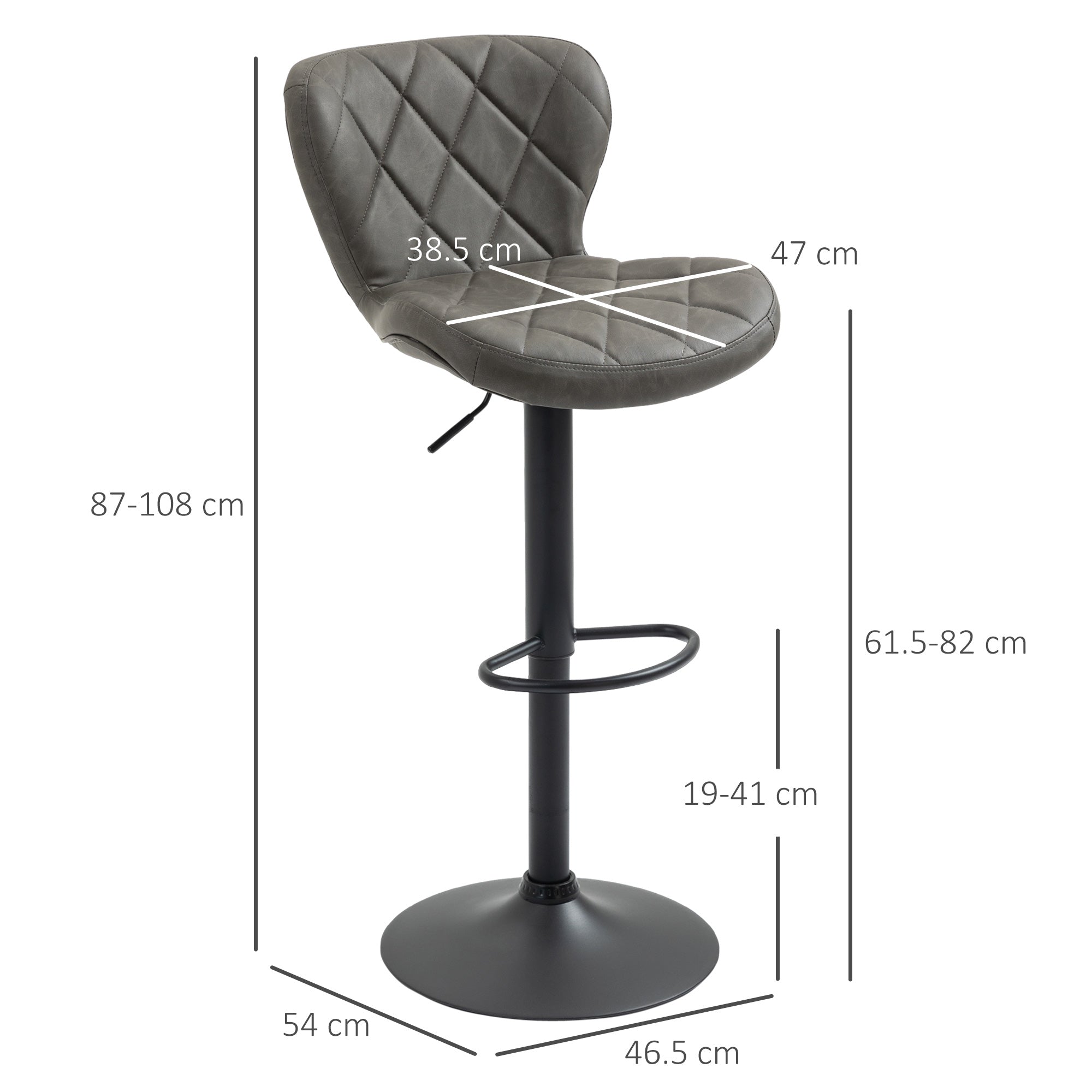 HOMCOM Bar Stools, Set of 2 Breakfast Bar Chairs, Swivel Barstools with Backrest and Footrest, Steel Frame Diamond Pattern PU, for Kitchen Counter, Dining Room, Dark Grey - North Peak Garden Furniture