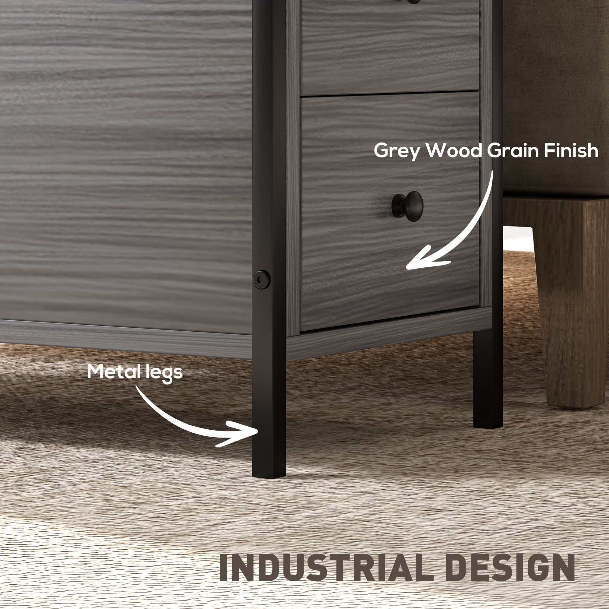 HOMCOM Side Table, Narrow Bedside Table with 2 Drawers and Storage Shelf, Industrial End Table with Metal Frame for Small Spaces, Grey Wood Grain - North Peak Garden Furniture