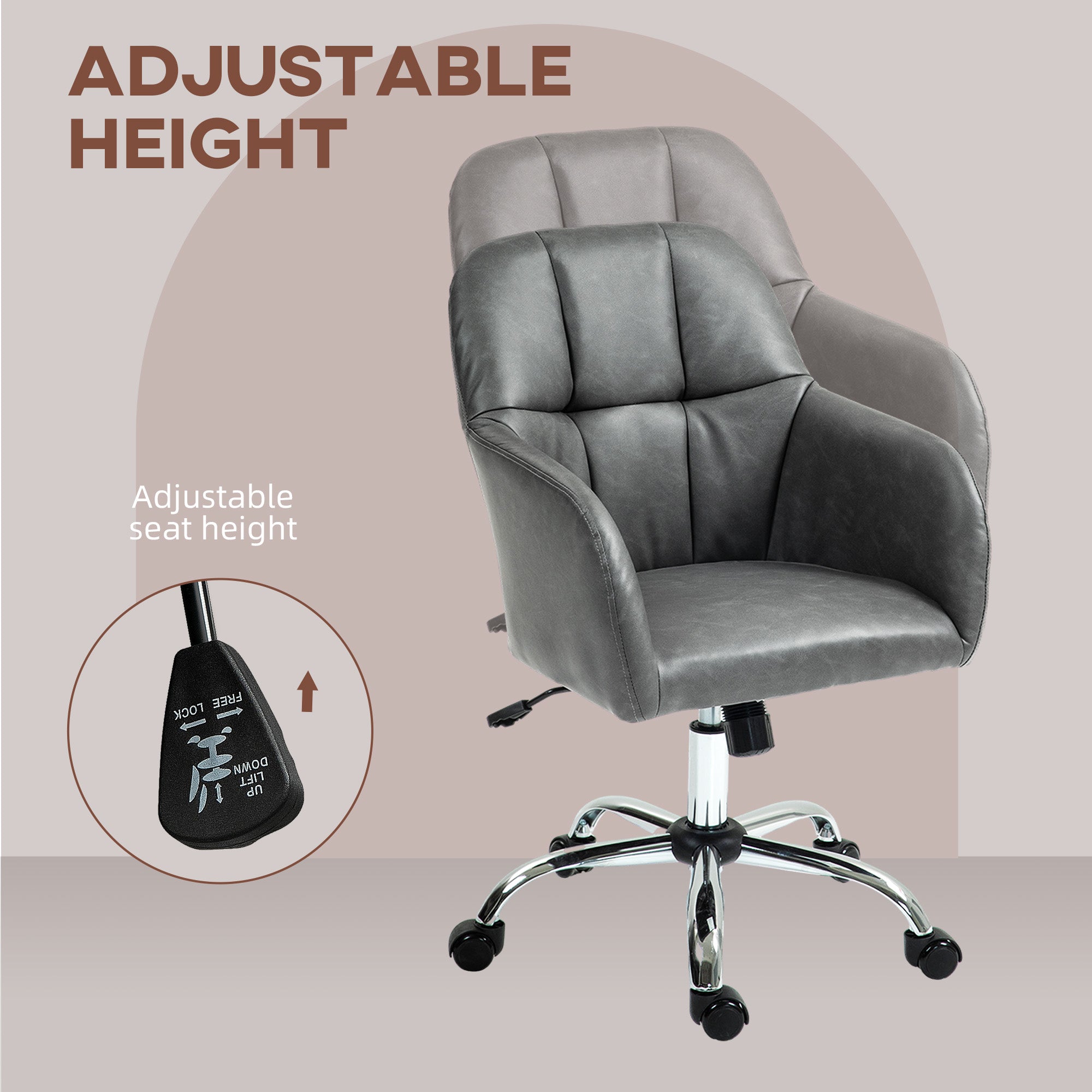 HOMCOM Faux Leather Tub Office Chair, with Wheels - Grey - North Peak Garden Furniture