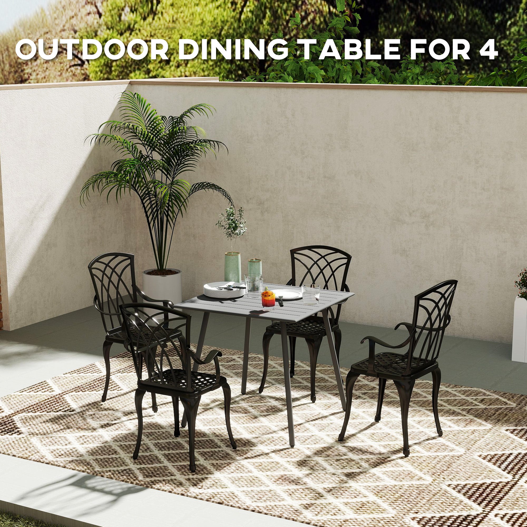 Outsunny Square Garden Table with Slat Top, Steel Frame, Outdoor Table for 4 Person, 80 x 80 x 74 cm, Grey - North Peak Garden Furniture