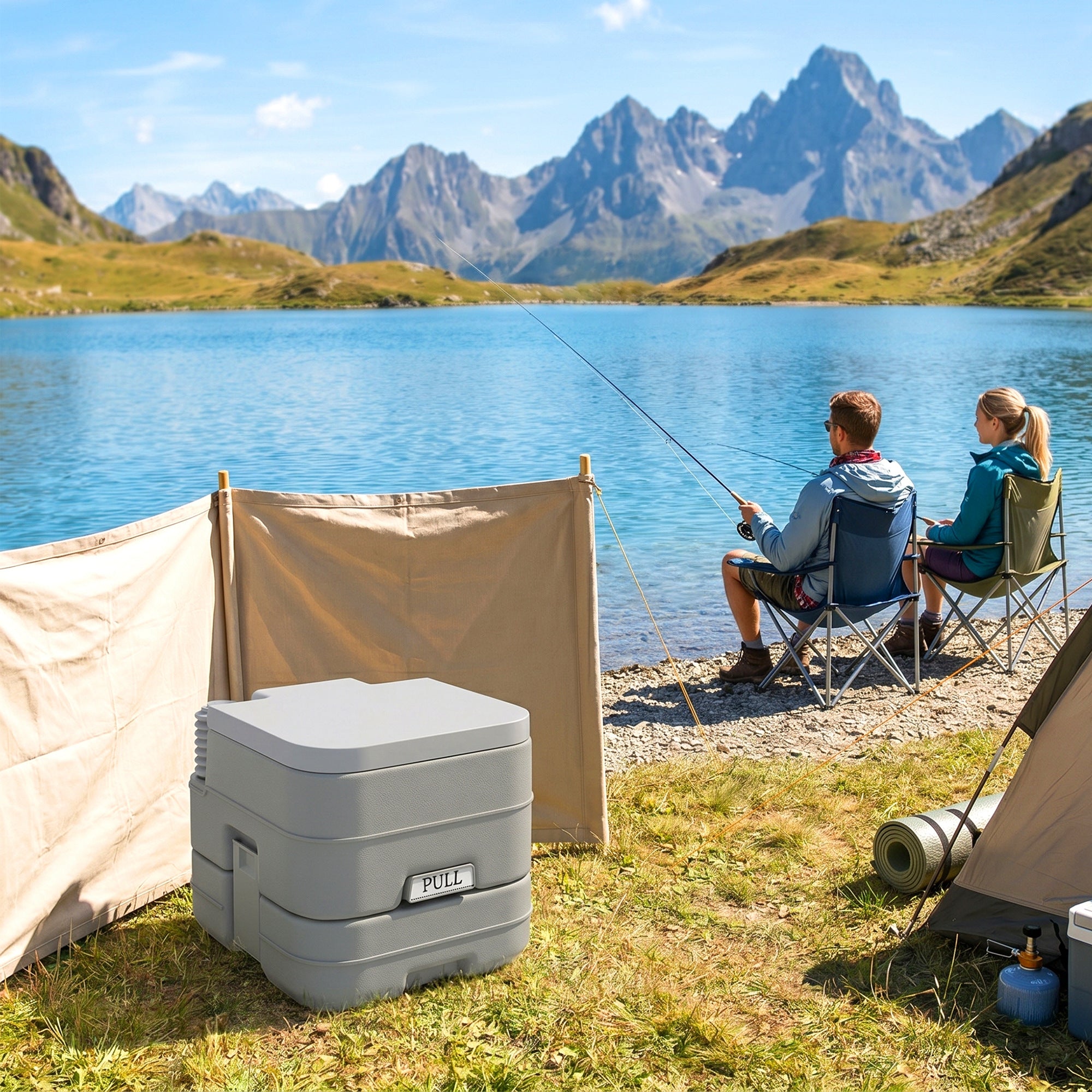 HOMCOM 10L Portable Travel Toilet Outdoor Camping Picnic with 2 Detachable Tanks & Push-button Operation, Grey