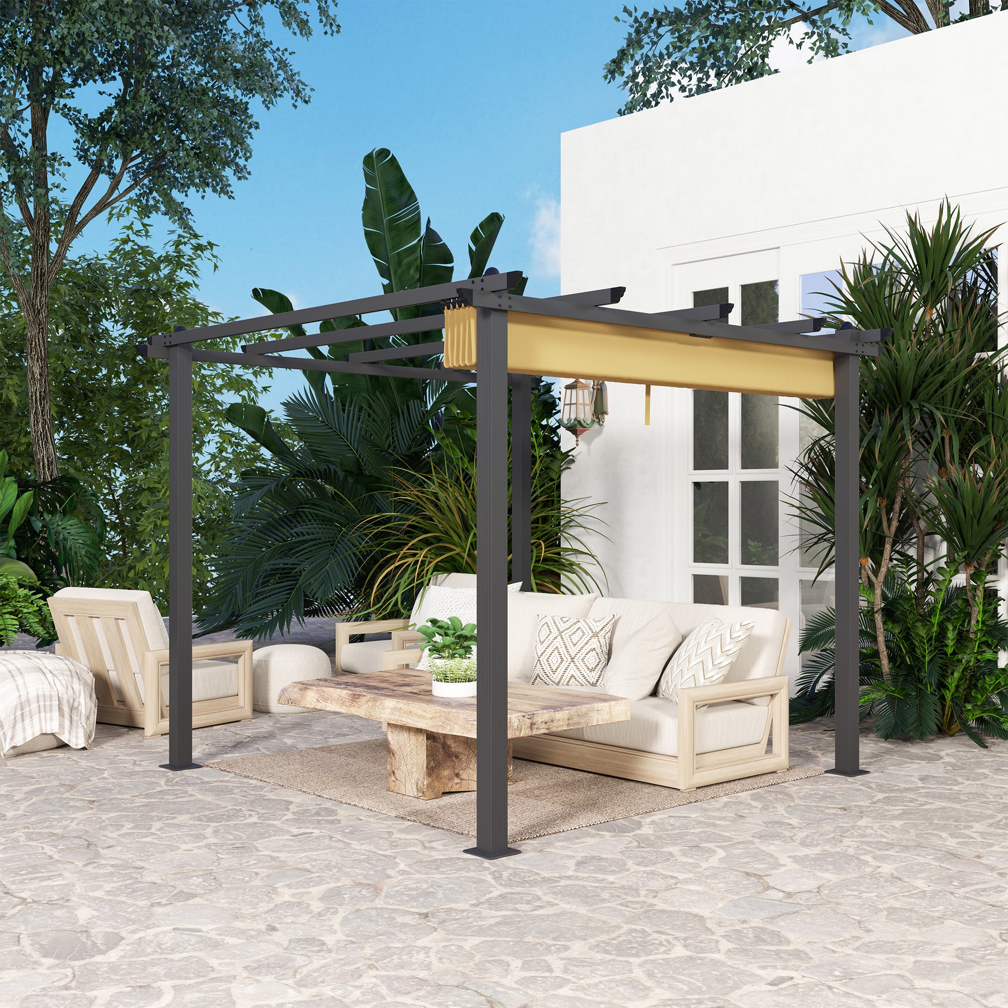 Outsunny 3 x 3m Aluminium Pergola, with Retractable Roof - Khaki - North Peak Garden Furniture