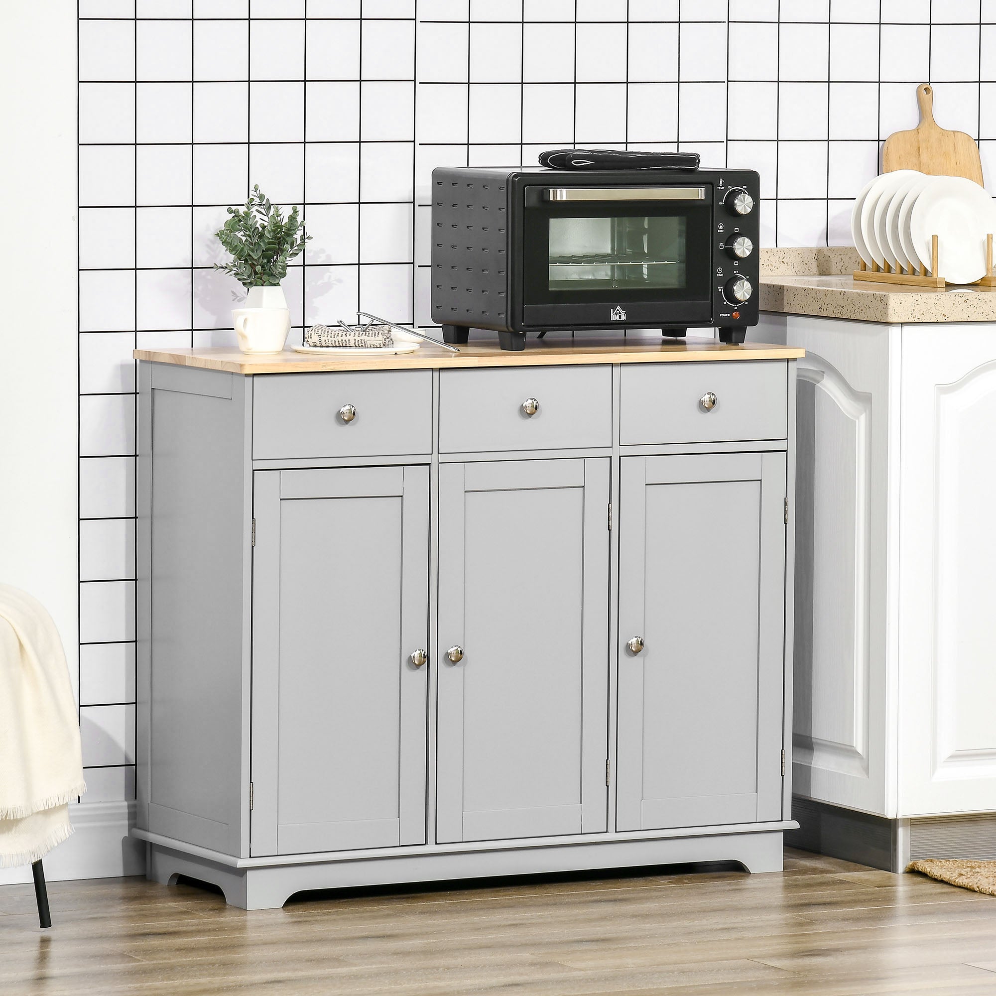 HOMCOM Sideboard with Rubberwood Top and Adjustable Shelves for Dining Room, Kitchen - Grey