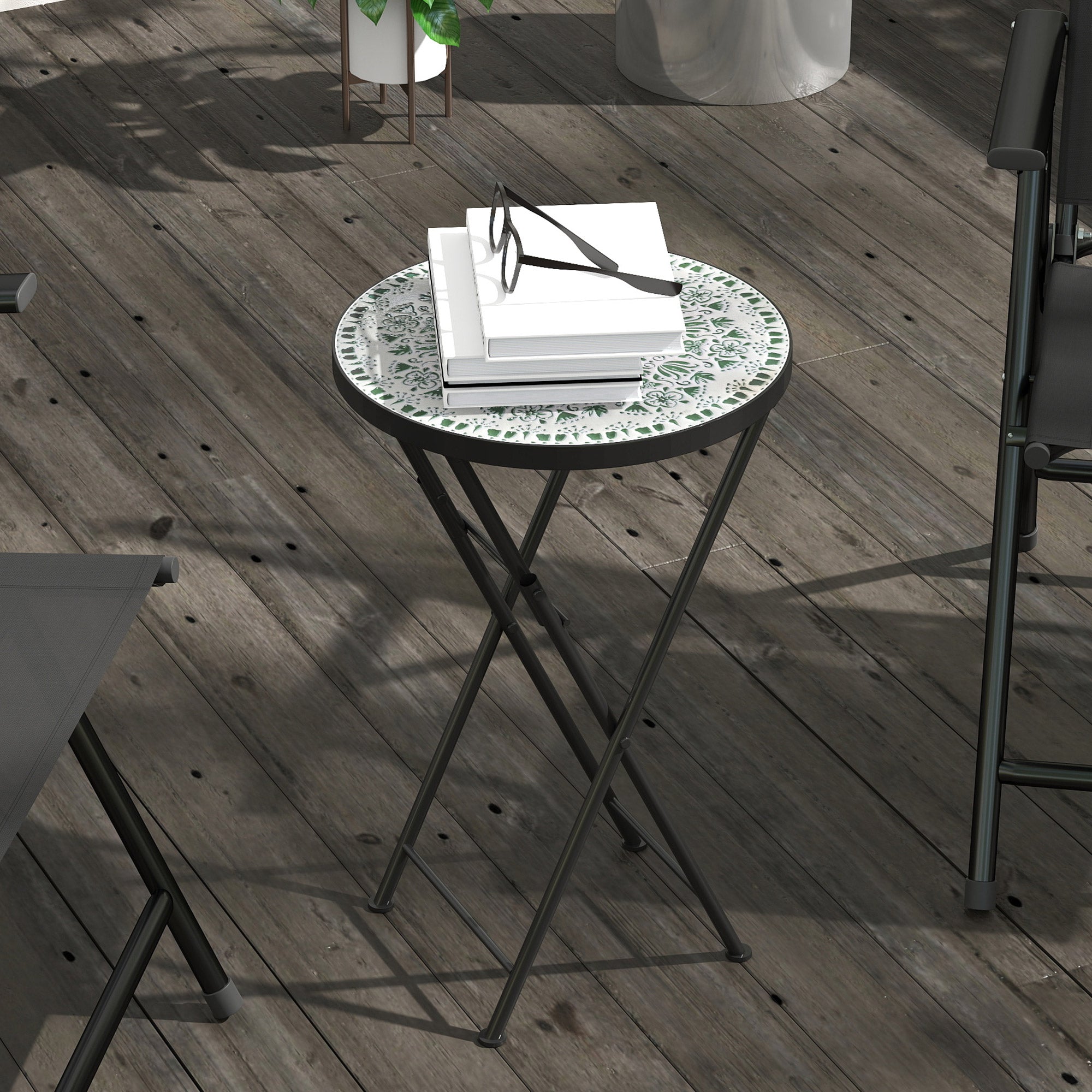 Outsunny Mosaic Outdoor Garden Table, 35.5cm Round Folding Coffee Table with Metal Frame for Balcony Terrace, Green