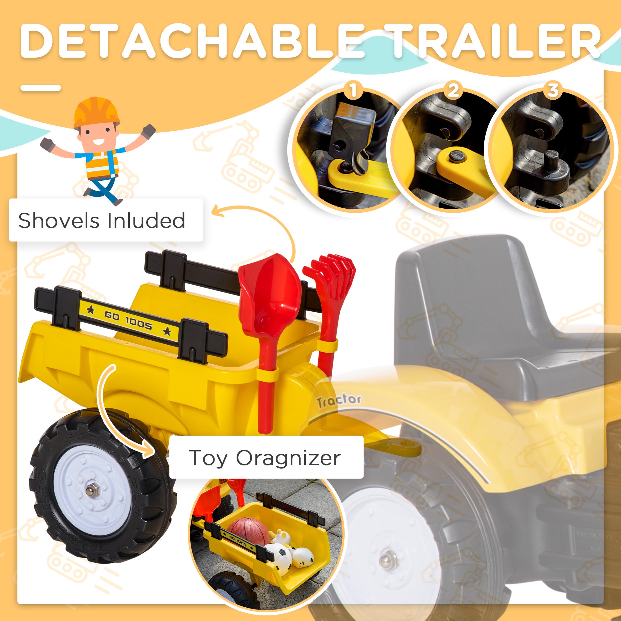 HOMCOM Kids Ride-On Construction Car, with Horn and Detachable Trailer - Yellow - North Peak Garden Furniture