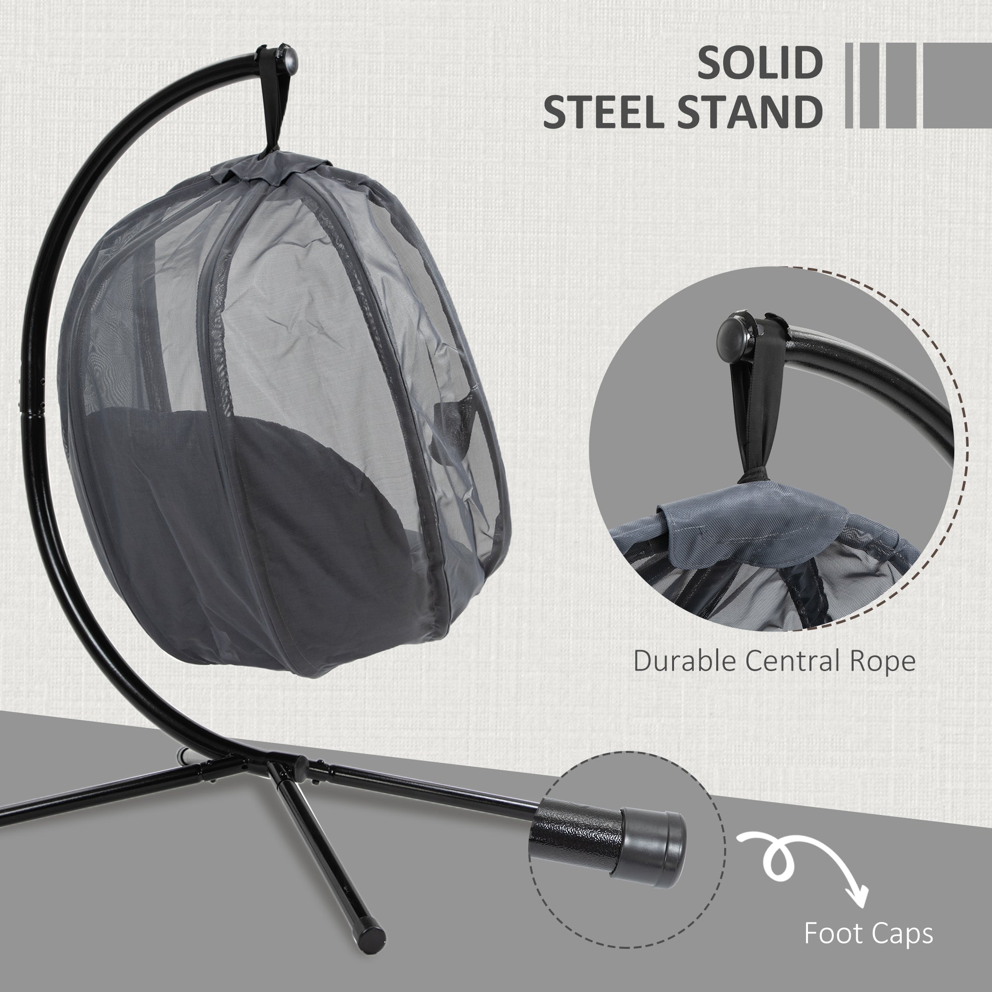 Outsunny Hanging Egg Chair, Folding Texteline Swing Hammock with Side Pocket, Cushion and Stand for Indoor Outdoor, Patio Garden Furniture, Grey - North Peak Garden Furniture