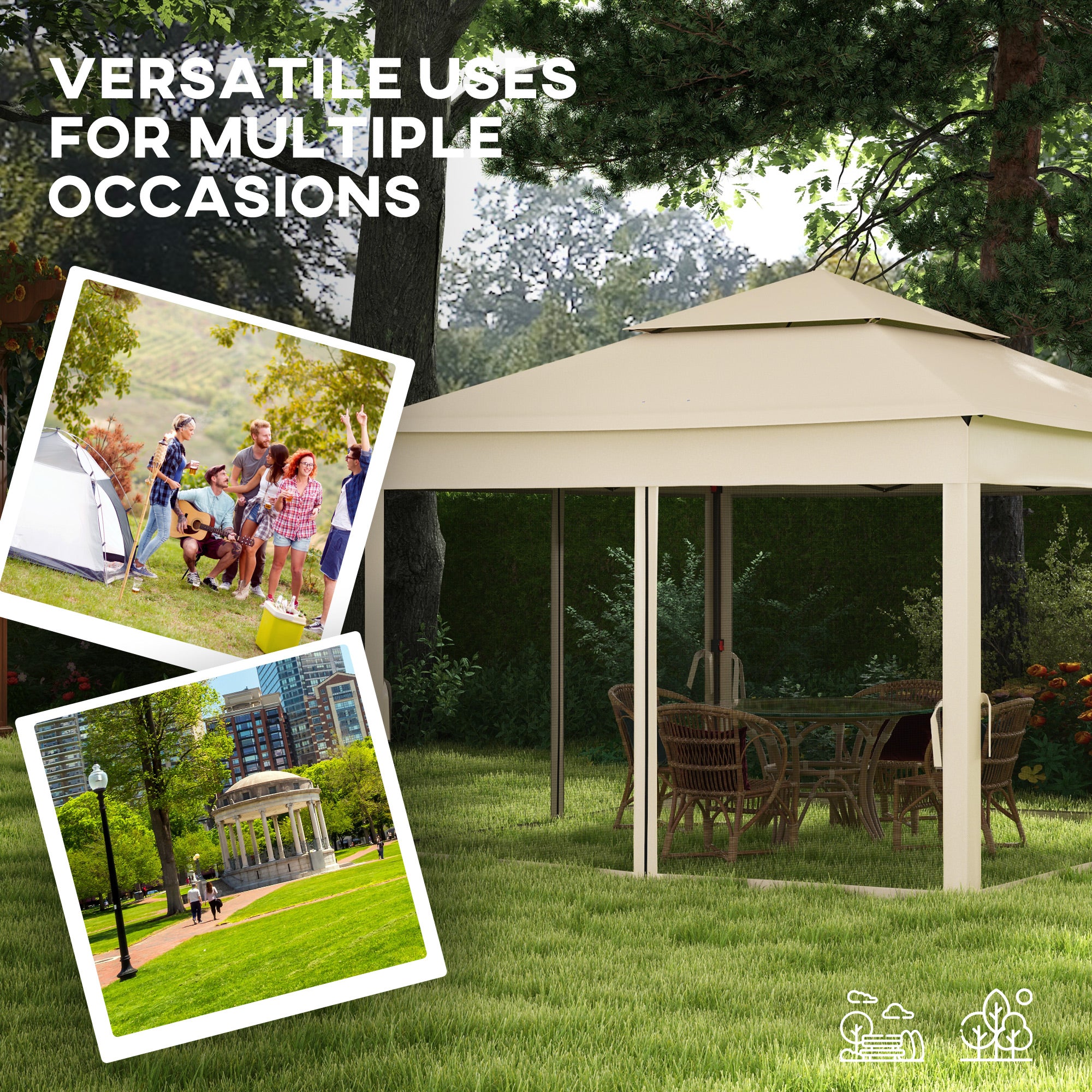 Outsunny 3 x 3(m) Pop Up Gazebo, Double-roof Garden Tent with Netting and Carry Bag, Party Event Shelter for Outdoor Patio, Cream White - North Peak Garden Furniture