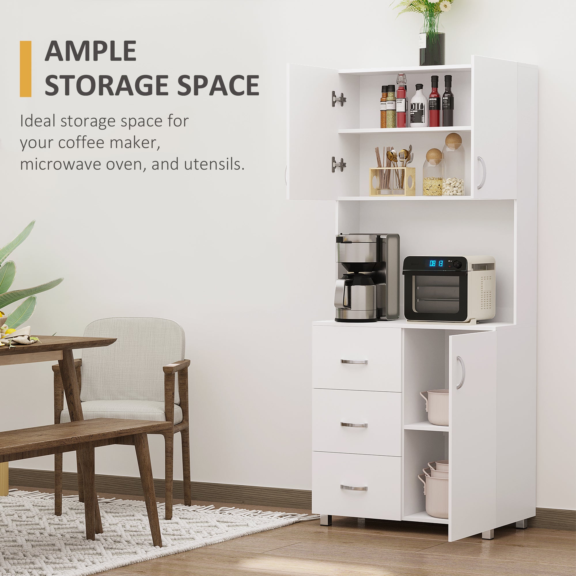 HOMCOM Free standing Kitchen Cupboard, Storage Cabinet with Doors and Sheleves, 3 drawers and Open Space, Adjustable Height Storage Unit, White - North Peak Garden Furniture