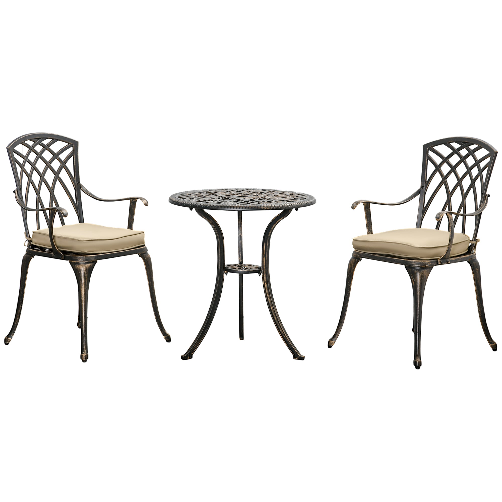 Outsunny 3pc Cast Aluminium Garden Bistro Set for 2 with Parasol Hole, Outdoor Coffee Table Set Rust Resistant with Cushions, Bronze
